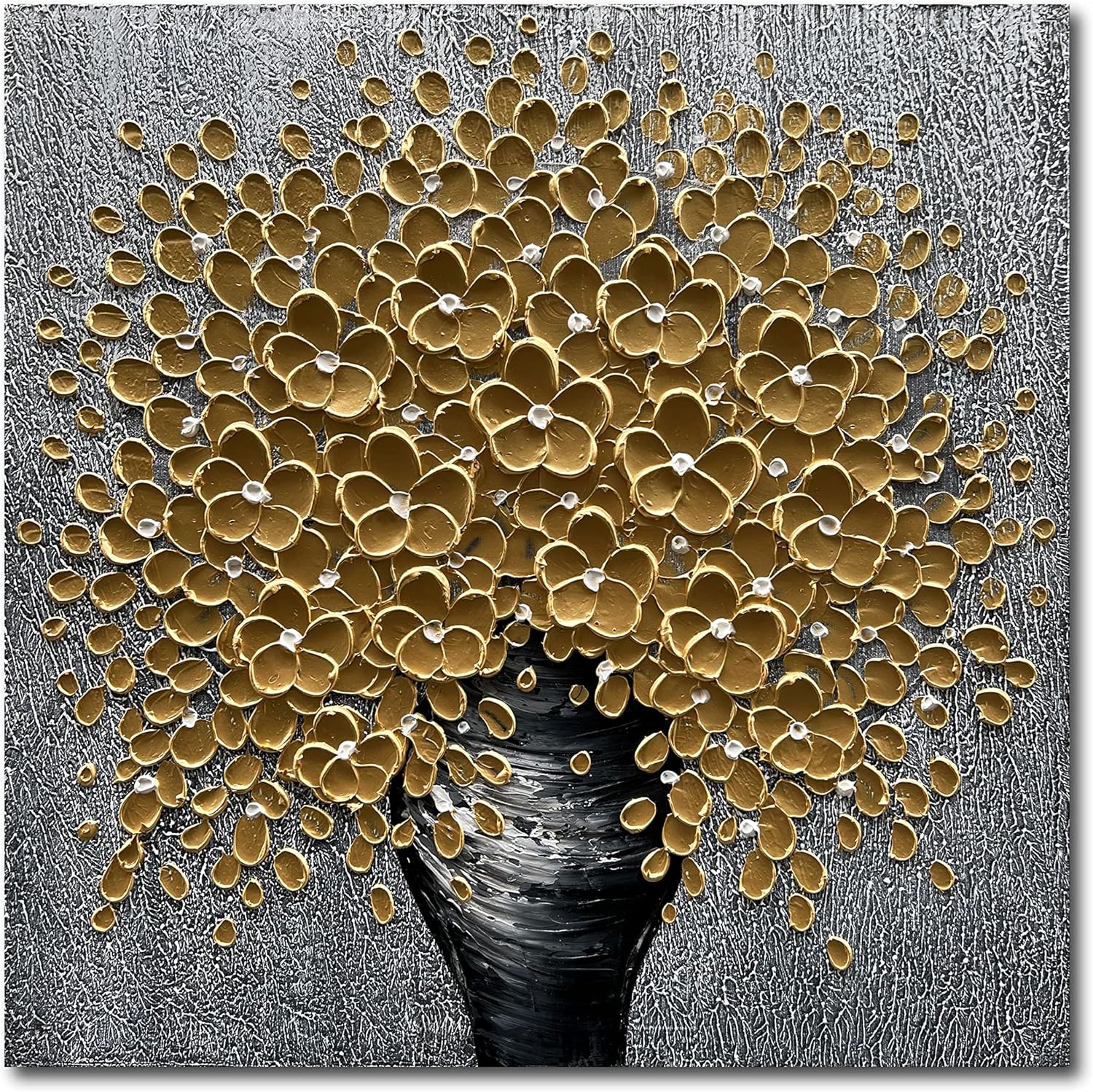 Paintings - Epicler 24x24 inch hand-painted 3D modern flower oil painting wall, dark gold flower art oil painting, contemporary abstract oil painting wall decoration of living room, dining room and bedroom