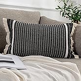 OJIA Modern Throw Pillow Cover with Tassels, Decorative Liana Fringe Accent Cushion Case, Farmhouse Woven Pillowcase for Sofa Chair Couch Bed Decor (Lumbar 12 x 20 Inches, Black)