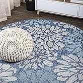 JONATHAN Y Floral Textured Weave Indoor Outdoor Round Area Rug 8 Ft Navy/Aqua, Zinnia Modern for Backyard, Patio, Porch, Easy