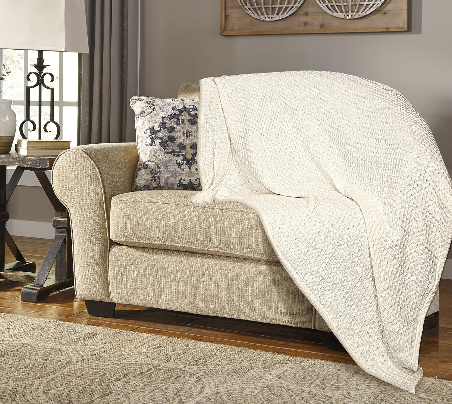 EHC Luxuriously Soft Chunky Waffle Cotton Throws Large Sofa Bed, Sofa, Couch Blanket Bedspread, Double, 150 x 200 cm - Ivory
