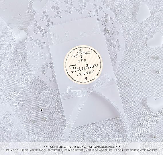 SET KLEIN: 24 Freudentränen Sticker + 24 weiße Flachbeutel - 63 x 93 mm für Freudentränen Taschentuch Verpackungen • Aufklebe