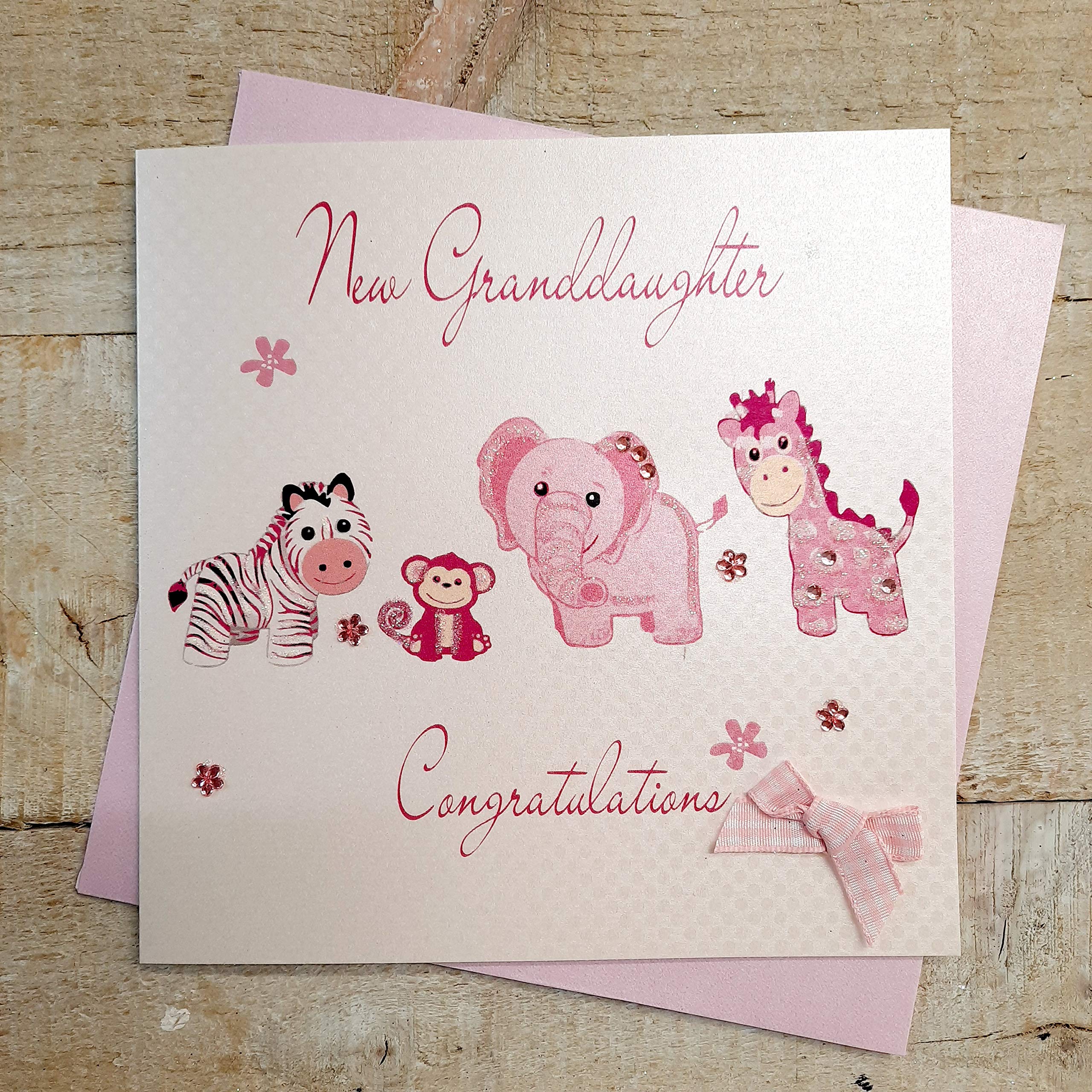 white cotton cards "New Granddaughter Congratulations Handmade Card, White
