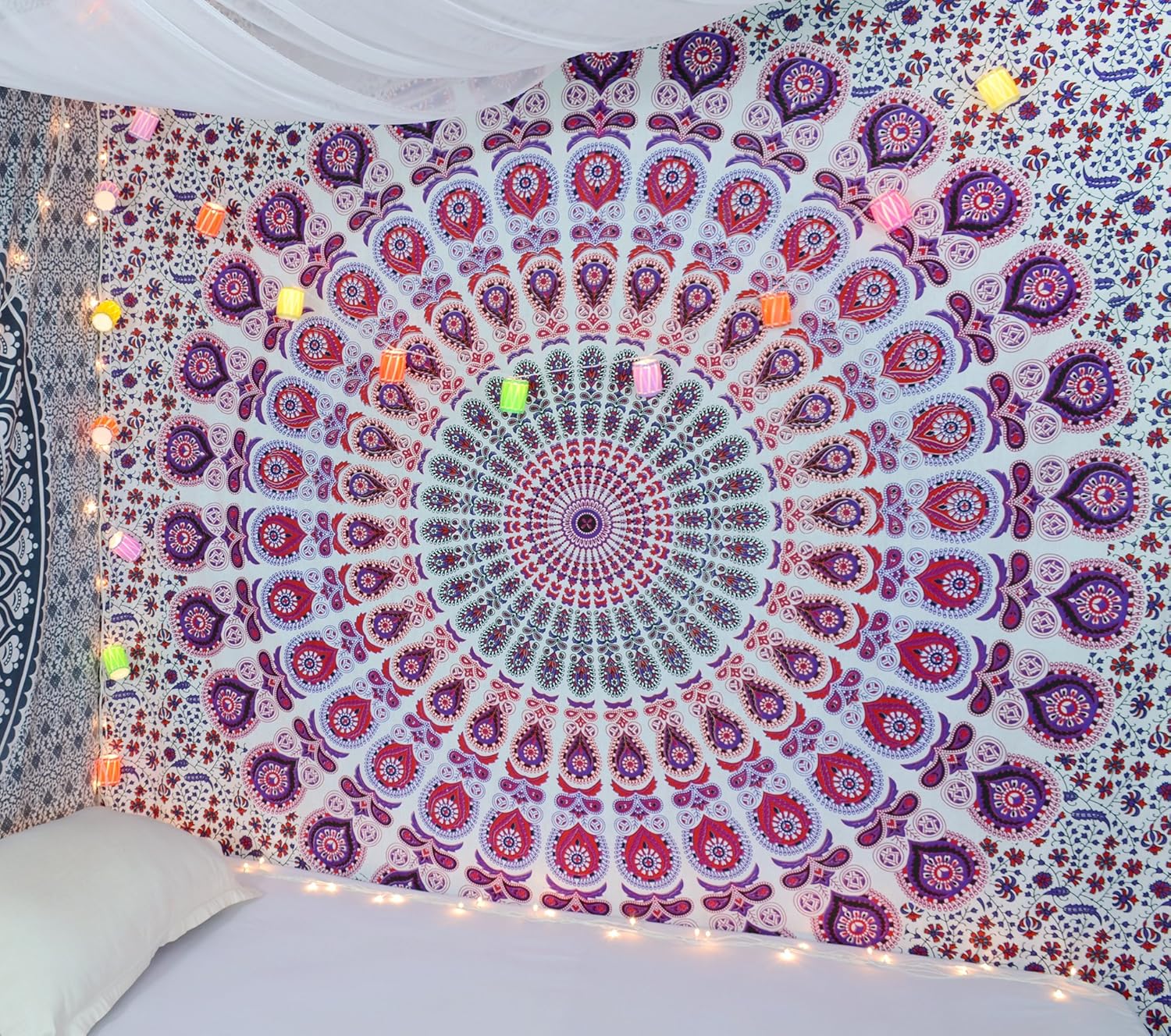 Tapestries - Popular Handicrafts Tapestry Wall Hanging Hippie Mandala Bohemian Hippy Psychedelic Intricate Floral Design Indian Tapestries Bedspread 54 x 84 Inches,(140cm x 215cm) White Pink