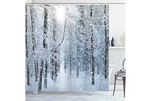 Ambesonne Winter Shower Curtain, Snow Covered Forest Idyllic Early Morning Scenery Seasonal Xmas Nature, Cloth Fabric Bathroom Decor Set with Hooks, 69" W x 70" L, Black White Slate Blue