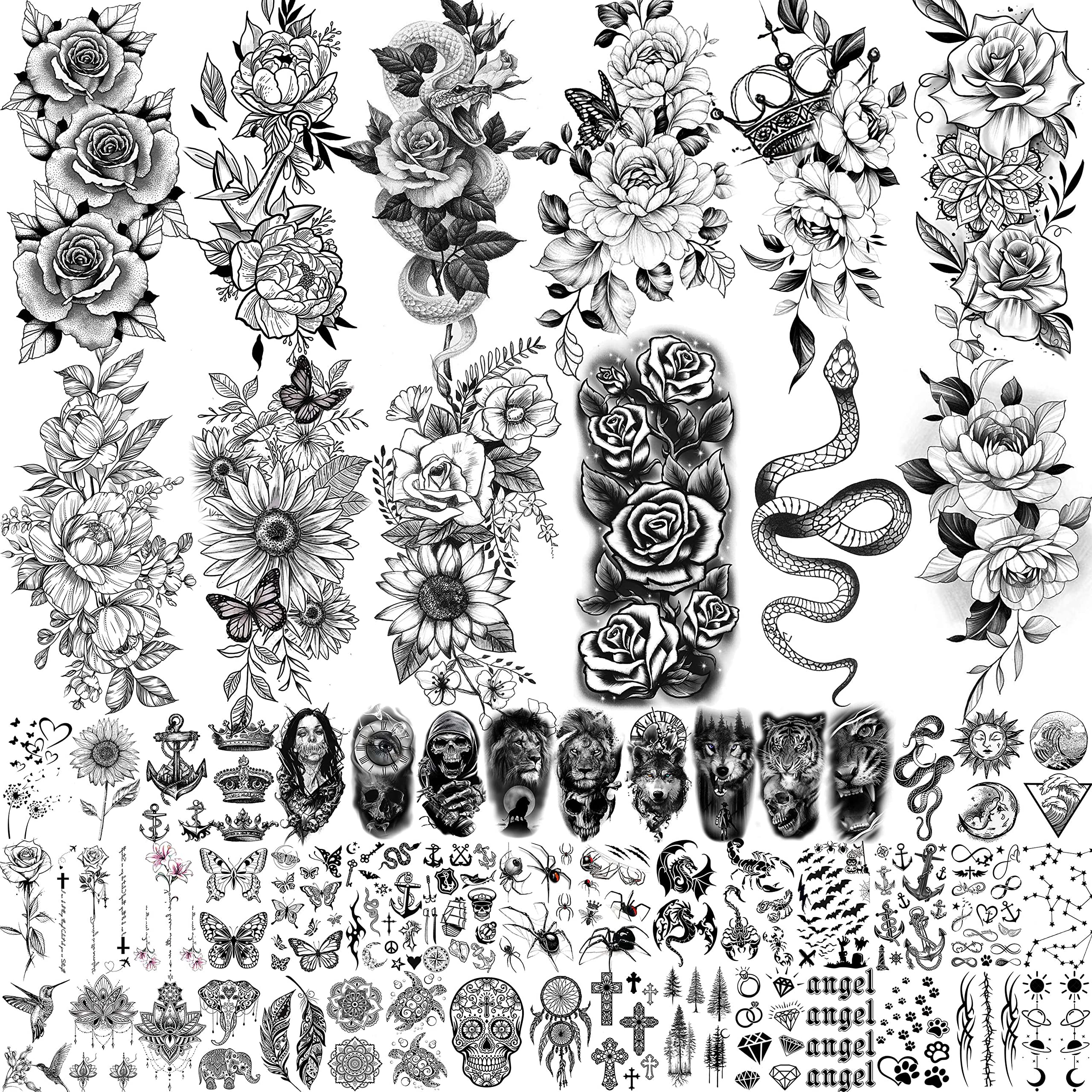 COKTAK 59 Sheets Sexy 3D Rose Flower Temporary Tattoos For Women Girls Arm Neck, Snake Floral Sunflower Leaf Peony Fake Tattoo Sticker Adult, Black Realistic Temp Tatoos Moon Dandelion Butterfly Thigh