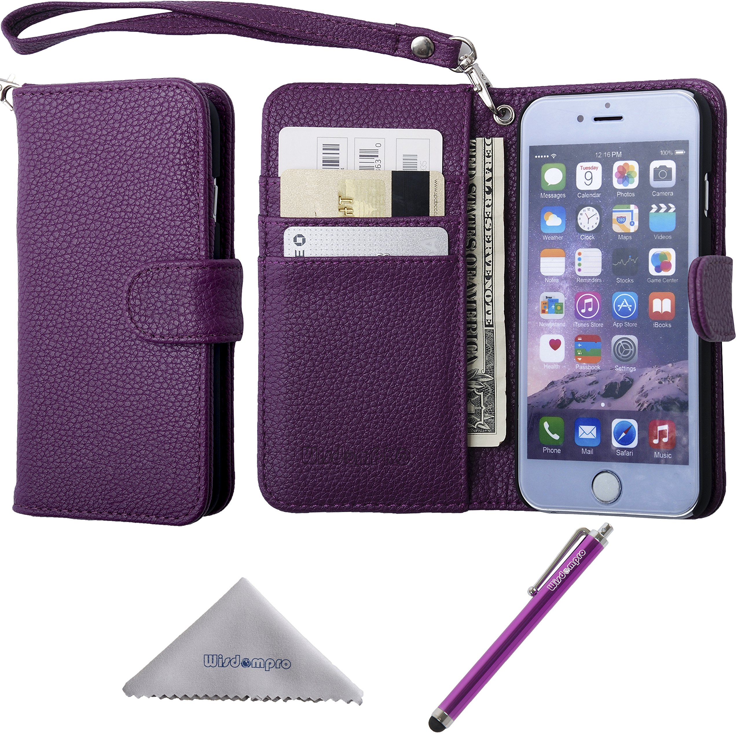 wisdompro iPhone 6s /6 Case, Premium PU Leather 2-in-1 Protective Folio Flip Wallet Case with Credit Card Holder/Slots and Wrist Lanyard for Apple 4.7-inch iPhone 6s /6 (Purple)