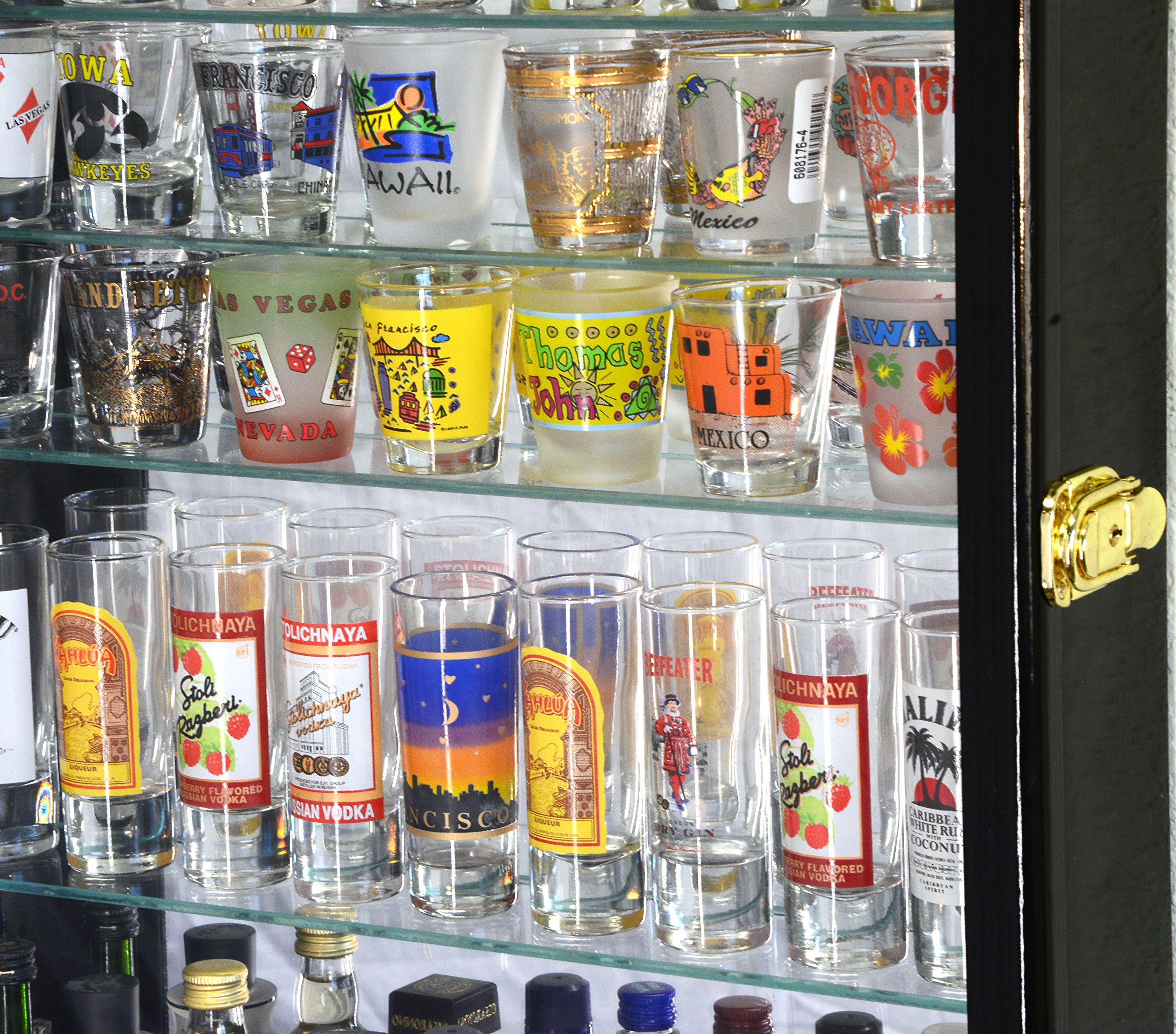 Large Mirror Backed and 7 Glass Shelves Shot Glasses Display Case