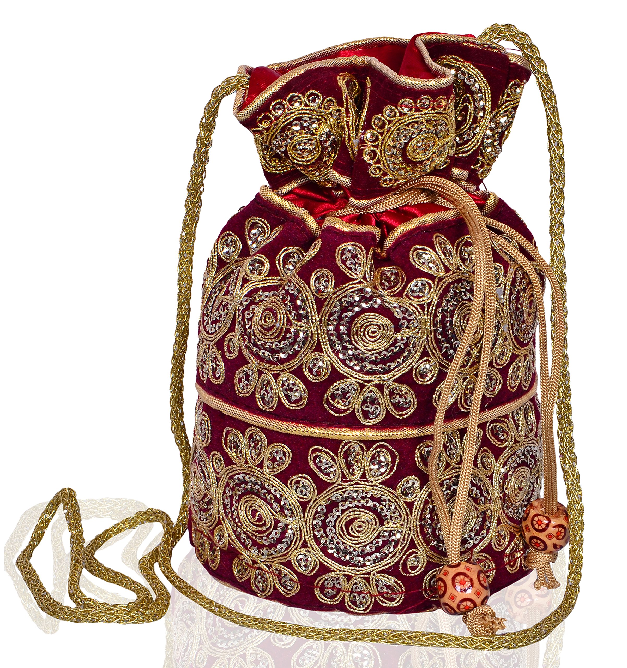 Purpledip Potli Bag (Clutch, Drawstring Purse) For Women With Intricate Gold Thread & Sequin Embroidery Work, Maroon Color (10535)