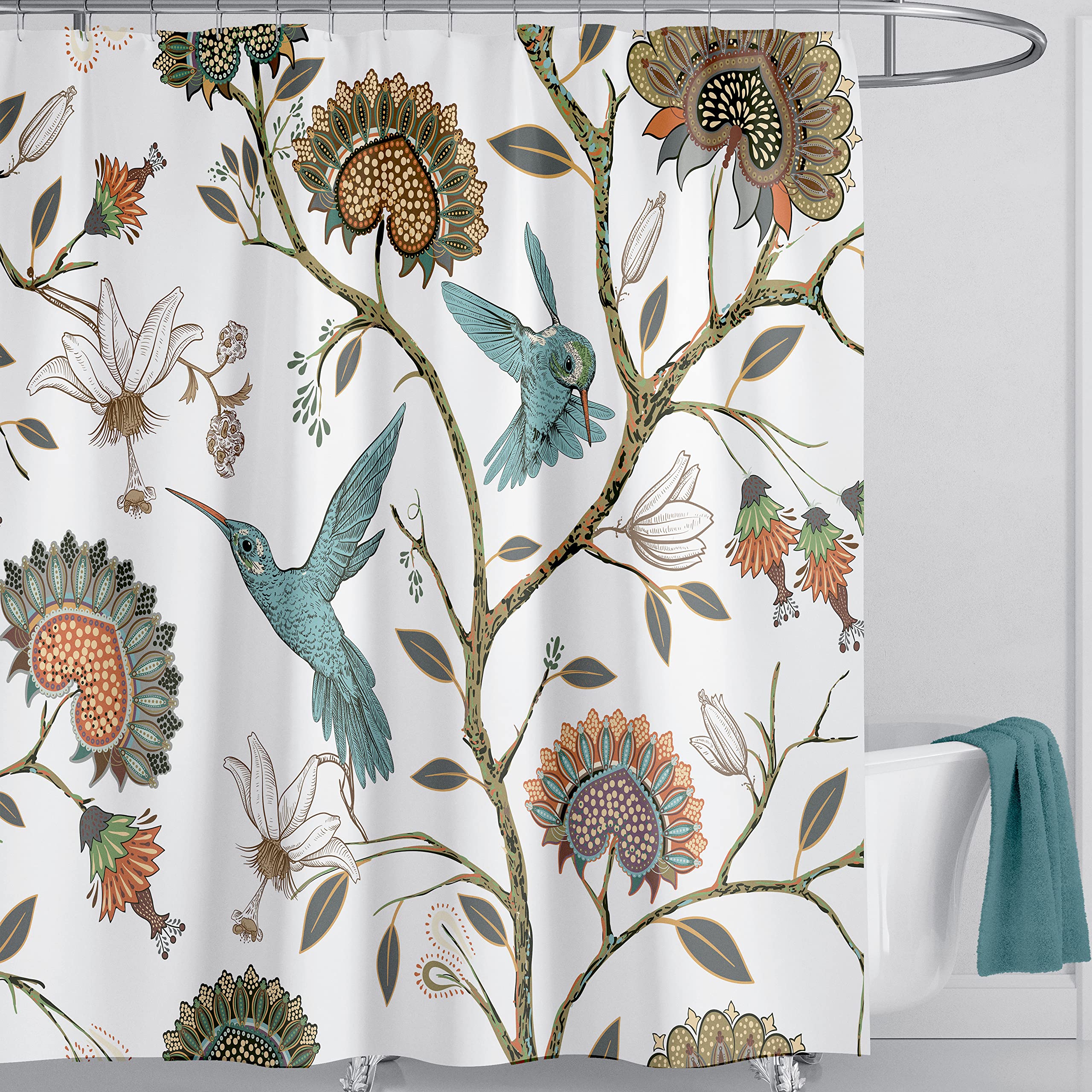 LIVETTY White Birds Floral Shower Curtain 180×180cm with 12 Hooks Mould Proof Floral Shower Curtain Fabric Bathroom Curtain Washable Quick-Drying — image 1