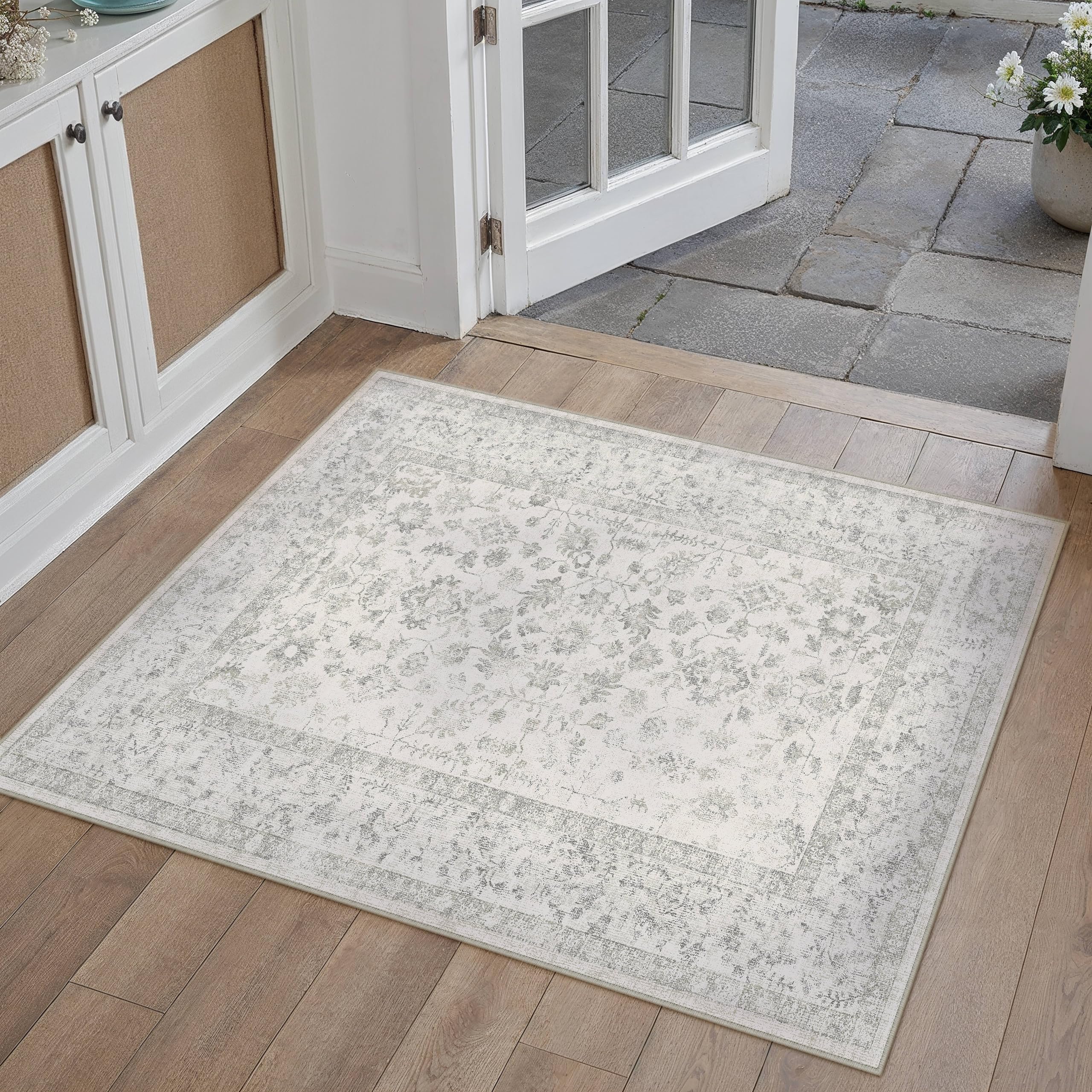 PureCozy 2x3 Grey Entryway Area Rug Machine Washable Door Mat Kitchen Vintage Distressed Non Slip Carpet Indoor Retro Floral Accent Throw Small Rug for Bathroom Office Bedroom Living Dining Room