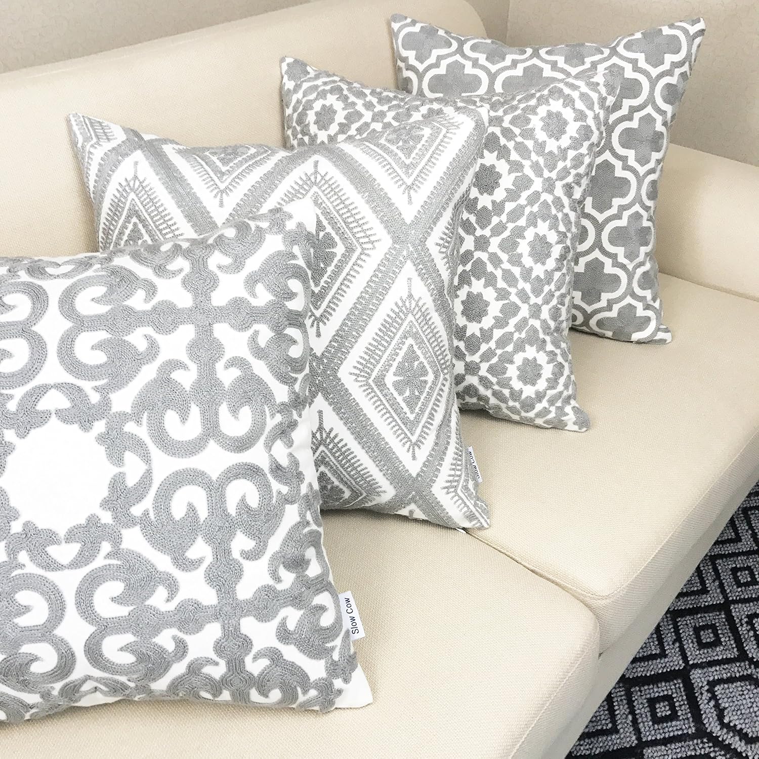 SLOW COW Cotton Embroidery Decorative Throw Pillow Cover Grey Cushion Cover 18x18 Inches, 1PC: Home & Kitchen