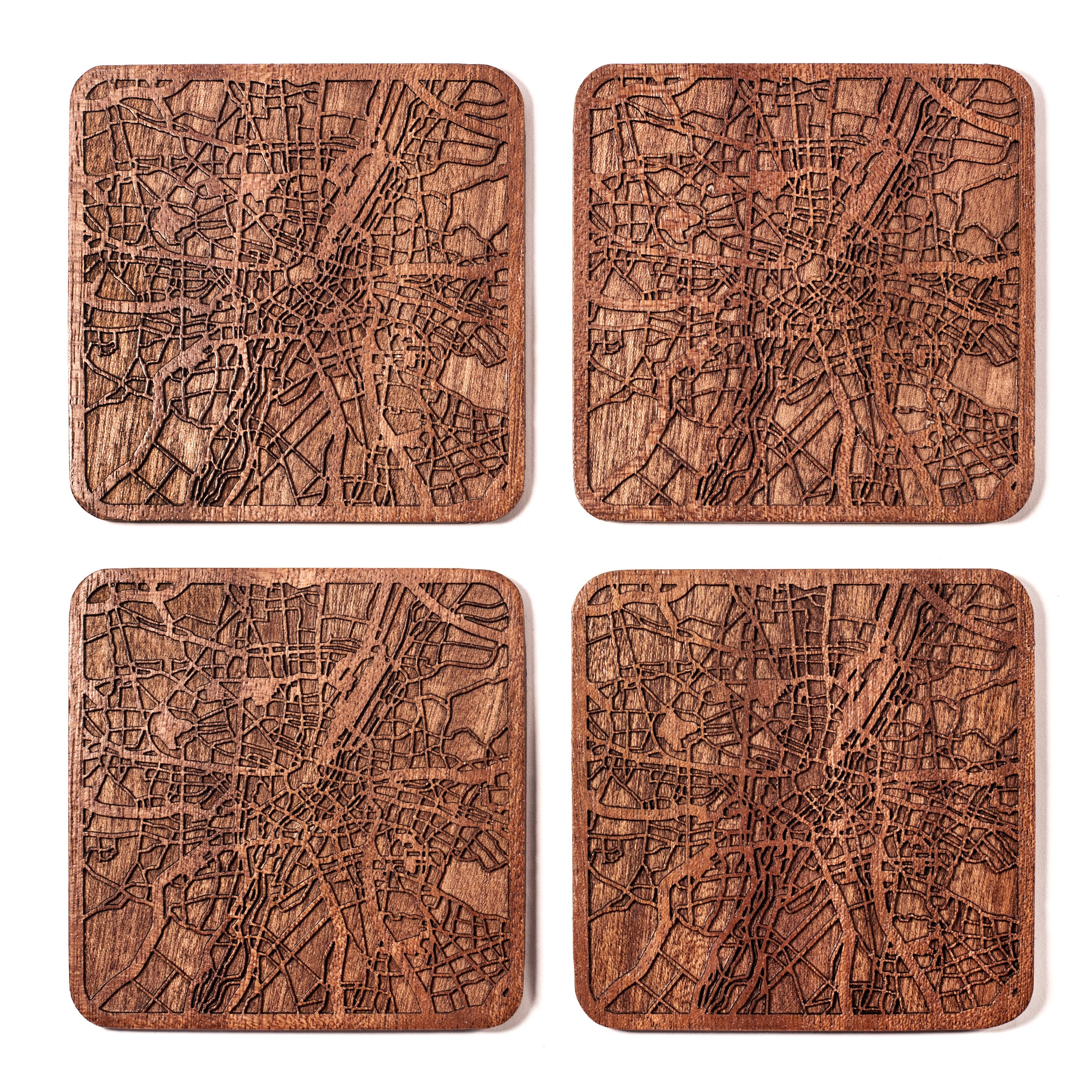 Munich Map Coaster, Set of 4, Sapele Wooden Coaster with City Map, Handmade