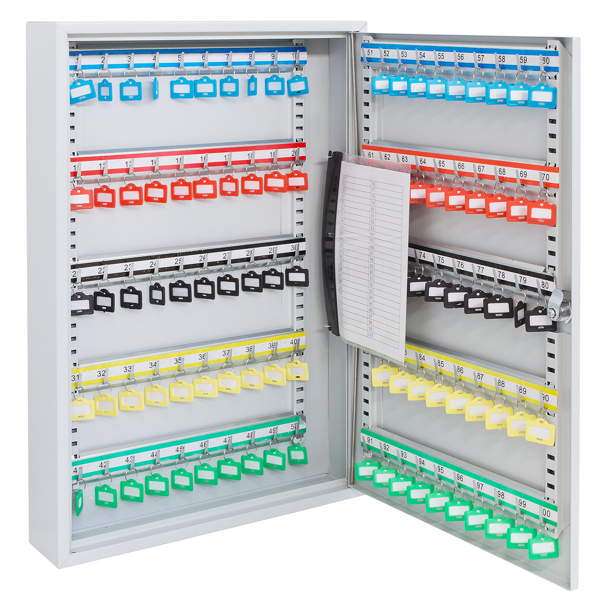 ARREGUI PL100 Key Cabinet Steel Key Box with 100 Hooks Adjustable and Numbered Hook Rails and Key List Includes 100 Writeable Key Fobs 55 x 38 x 8 cm Light Grey