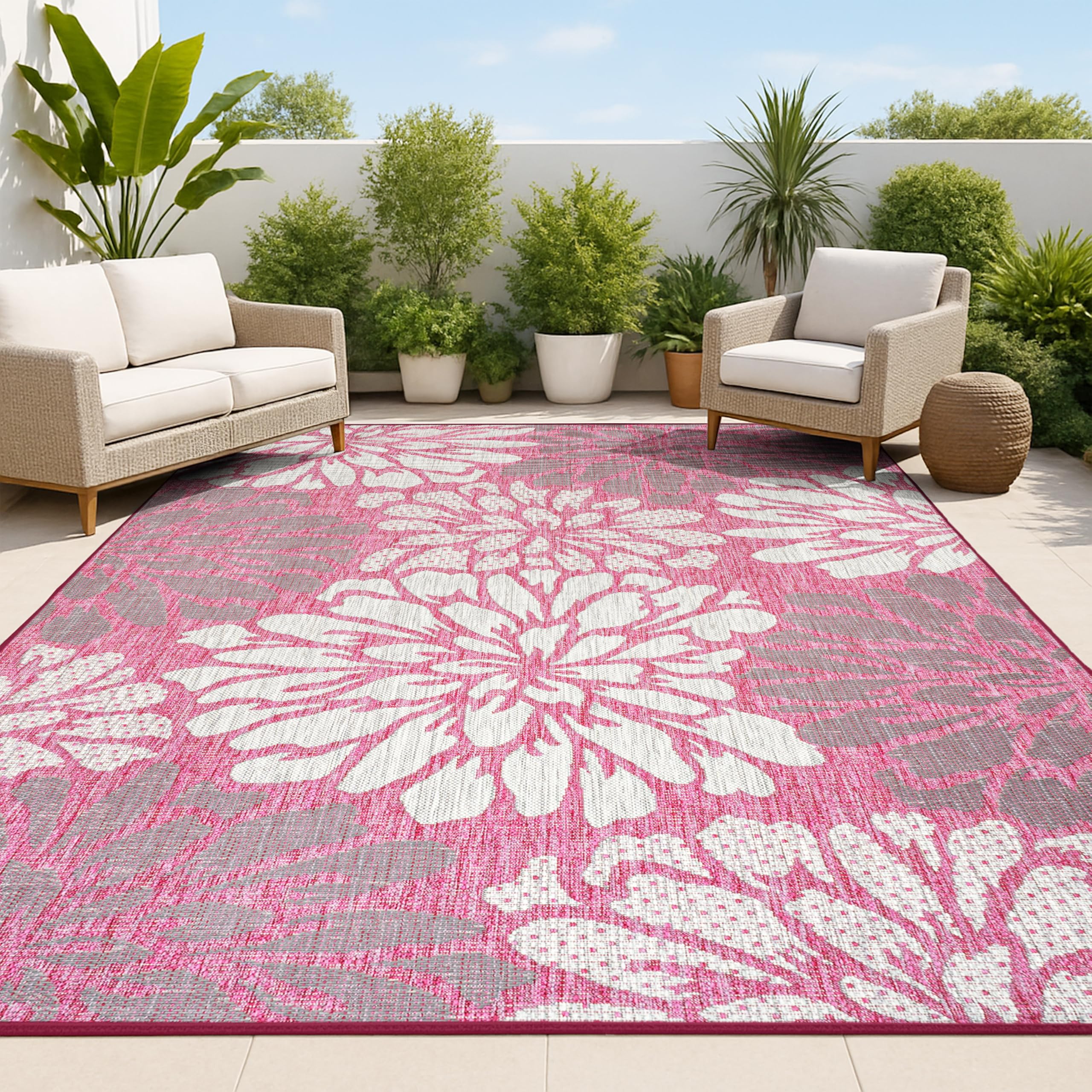 JONATHAN Y Floral Textured Weave Indoor Outdoor Area Rug 9X12 Fuchsia/Light Gray, Zinnia Modern for Backyard, Patio, Porch, Easy-Cleaning, High Traffic, Pet-Friendly, Non-Shedding (SMB110F-9) Image