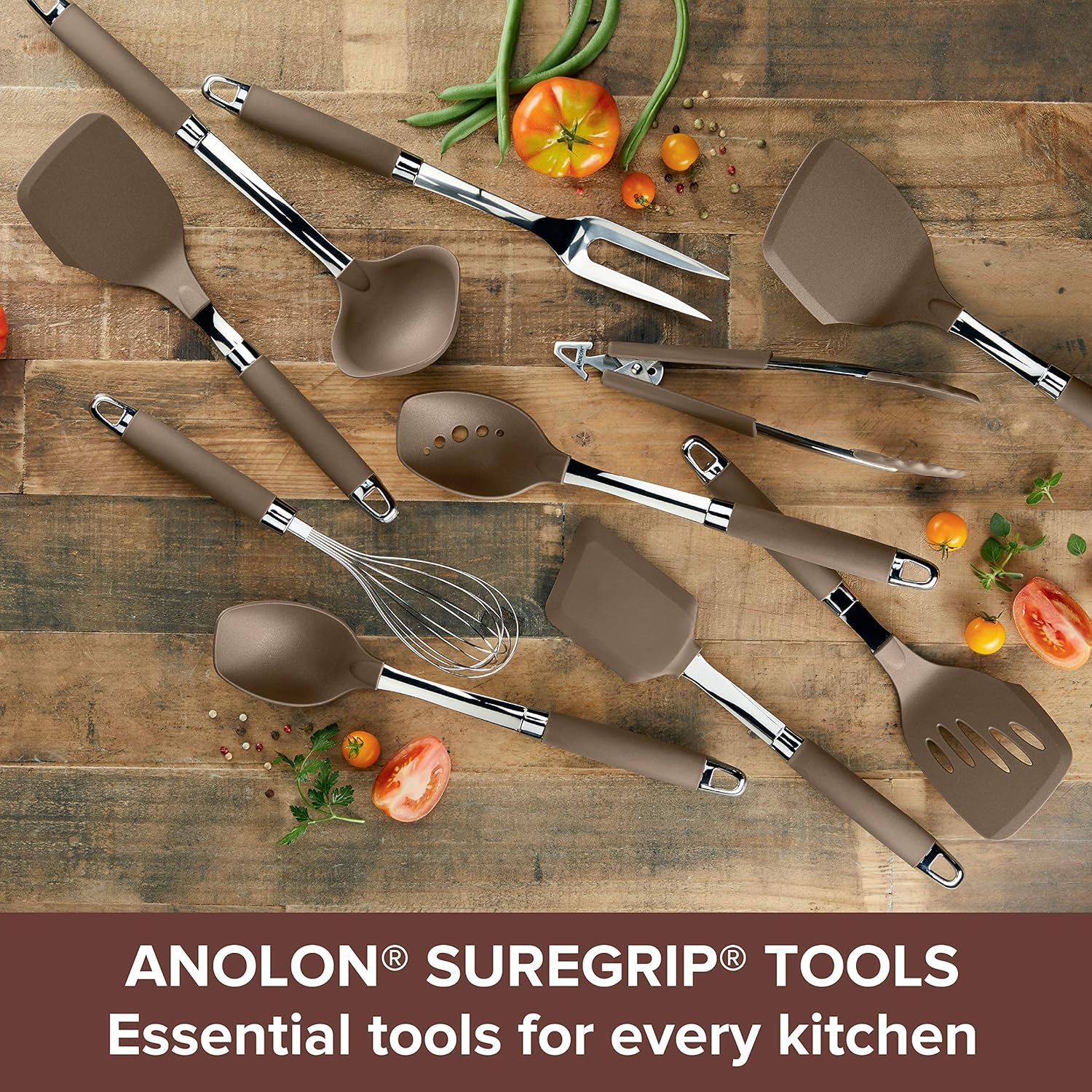 Anolon Tools Set/Nonstick Nylon Cooking Utensils/Kitchen Gadgets Includes Spoons, Turners, Ladle, Meat Fork, Whisk, and Locking Tongs, 10 Piece, Bronze: Kitchen & Dining