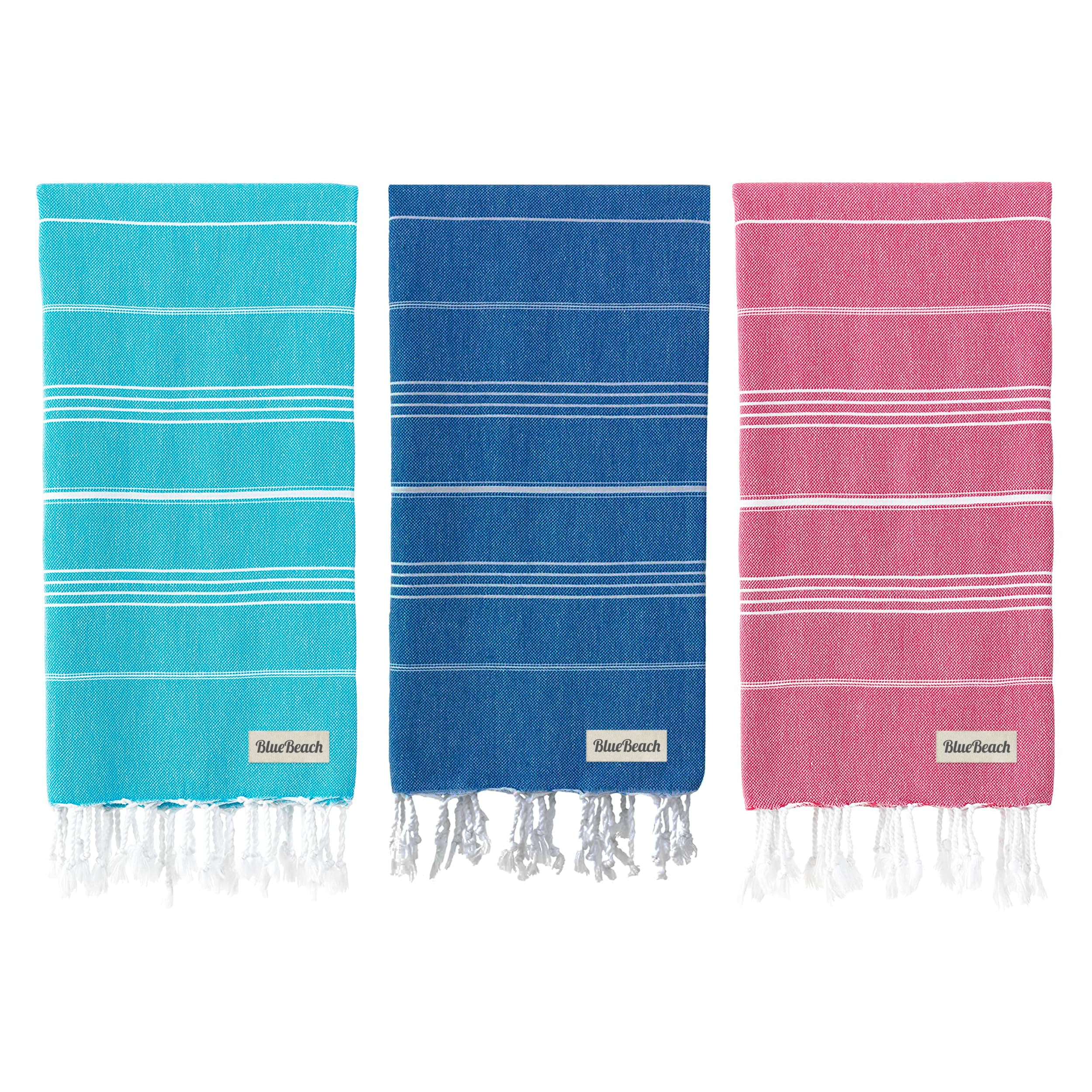 Blue Beach Turkish Towel - Set of 3-100x180cm Large Turkish Hammam Peshtemal Towel - Super Absorbent, Quick Dry, Lightweight, Compact Towels for Swimming, Bath, Travel (Blue + Turquoise + Fuchsia) — image 1