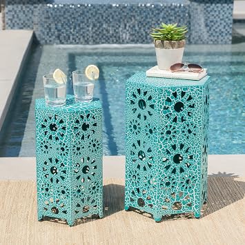 Amazon Com Elliot Nestable Outdoor 12 Inch And 14 Inch Sunburst Iron Side Table Set Crackle Teal Furniture Decor