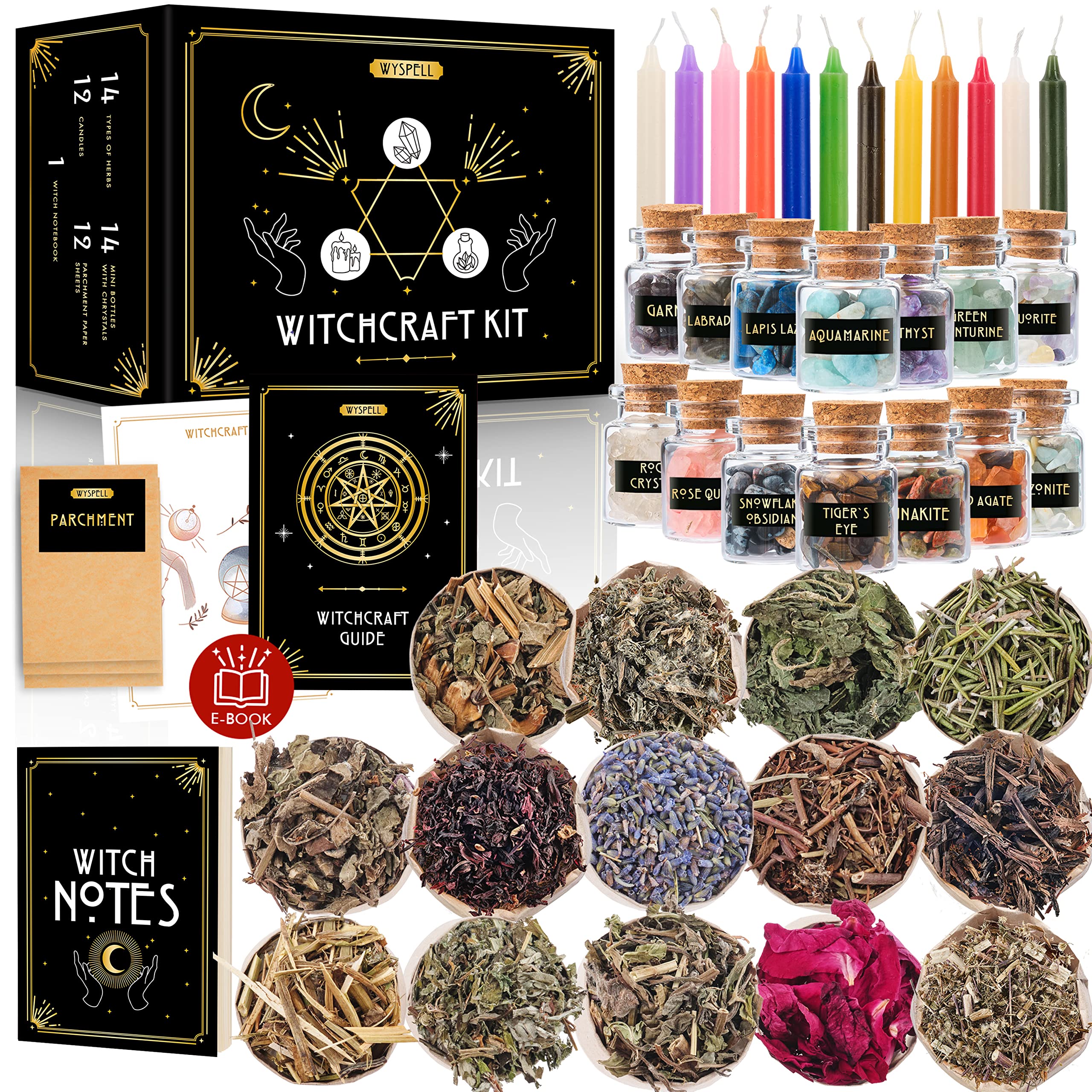 Photo 1 of Witchcraft Supplies Kit for Witch Altar 54PCS - Spell Candles for Witches - Crystals Spell Jars for Witches - Herbs for Spells - Beginner Witch Starter Box - Witchcraft Kit