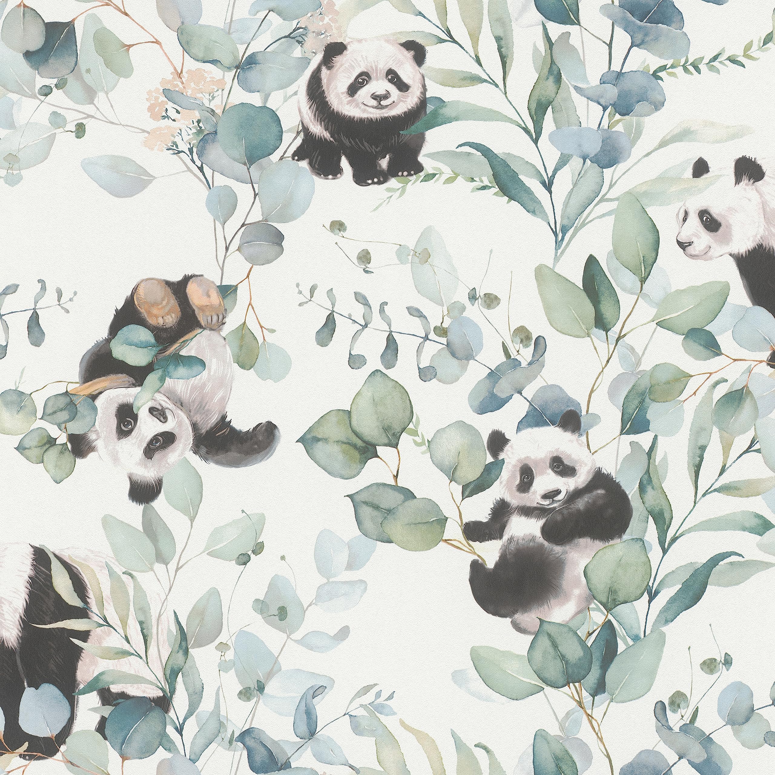 Rasch Wallpaper 301144 Light Non-Woven Wallpaper with Eucalyptus and Pandas in Watercolour Look, Children's Bedroom Wallpaper, 10.05 m x 0.53 m (L x W)