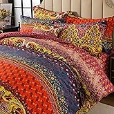 FADFAY Exotic Boho Duvet Cover Set Queen 100% Brushed Cotton Soft Bohemian Bedding Vibrant Ethnic Colorful Printed Bedding Reversible Striped Zipper Bed Comforter Cover + 2 Pillowshams- Queen, 3 Pcs