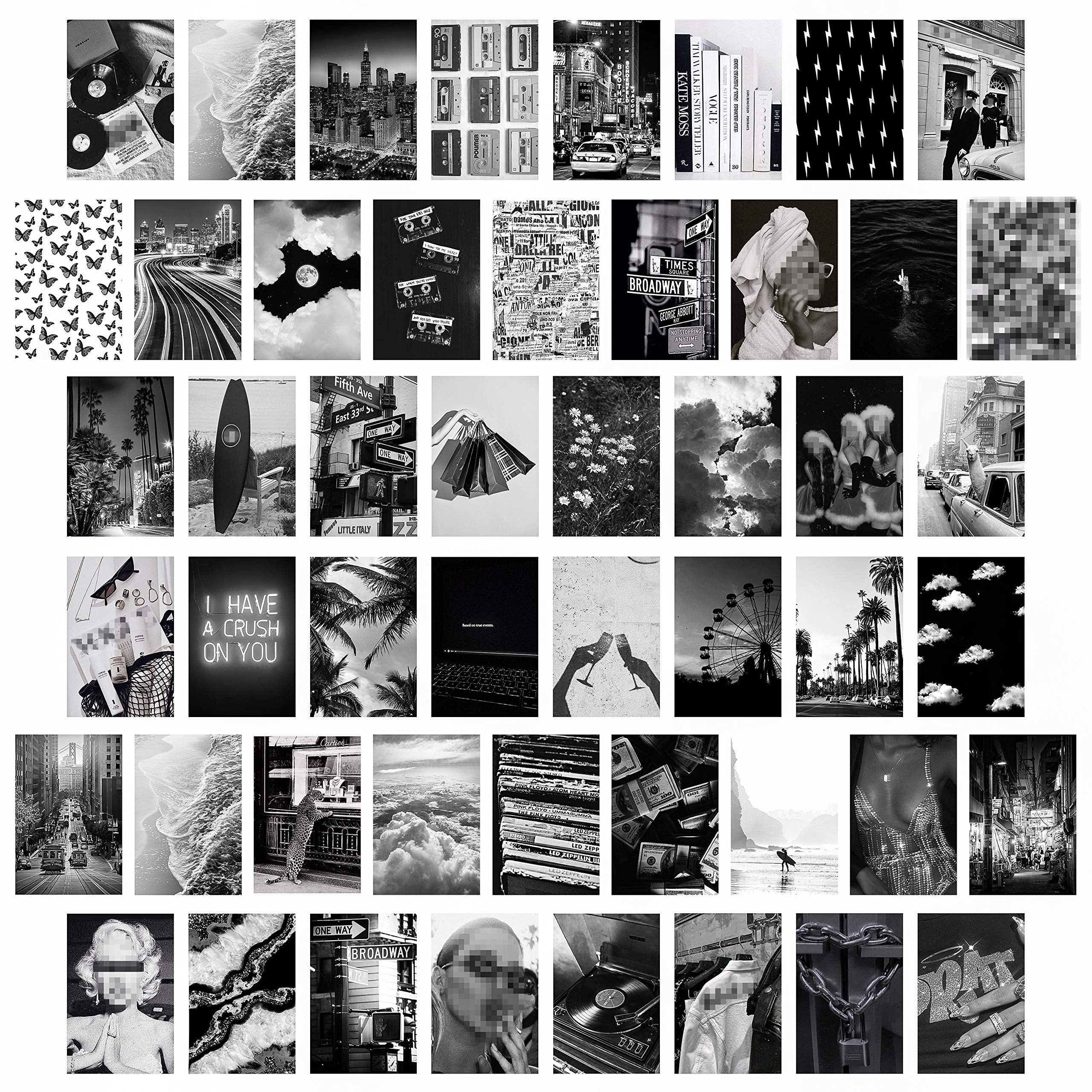 50PCS Aesthetic Picture for Wall Collage, 50 Set 4x6 inch, Collage Print Kit, Warm Color Room Decor for Girls Boys, Wall Art Prints for Room, Dorm Photo Display, VSCO Posters for Bedroom (Black White)