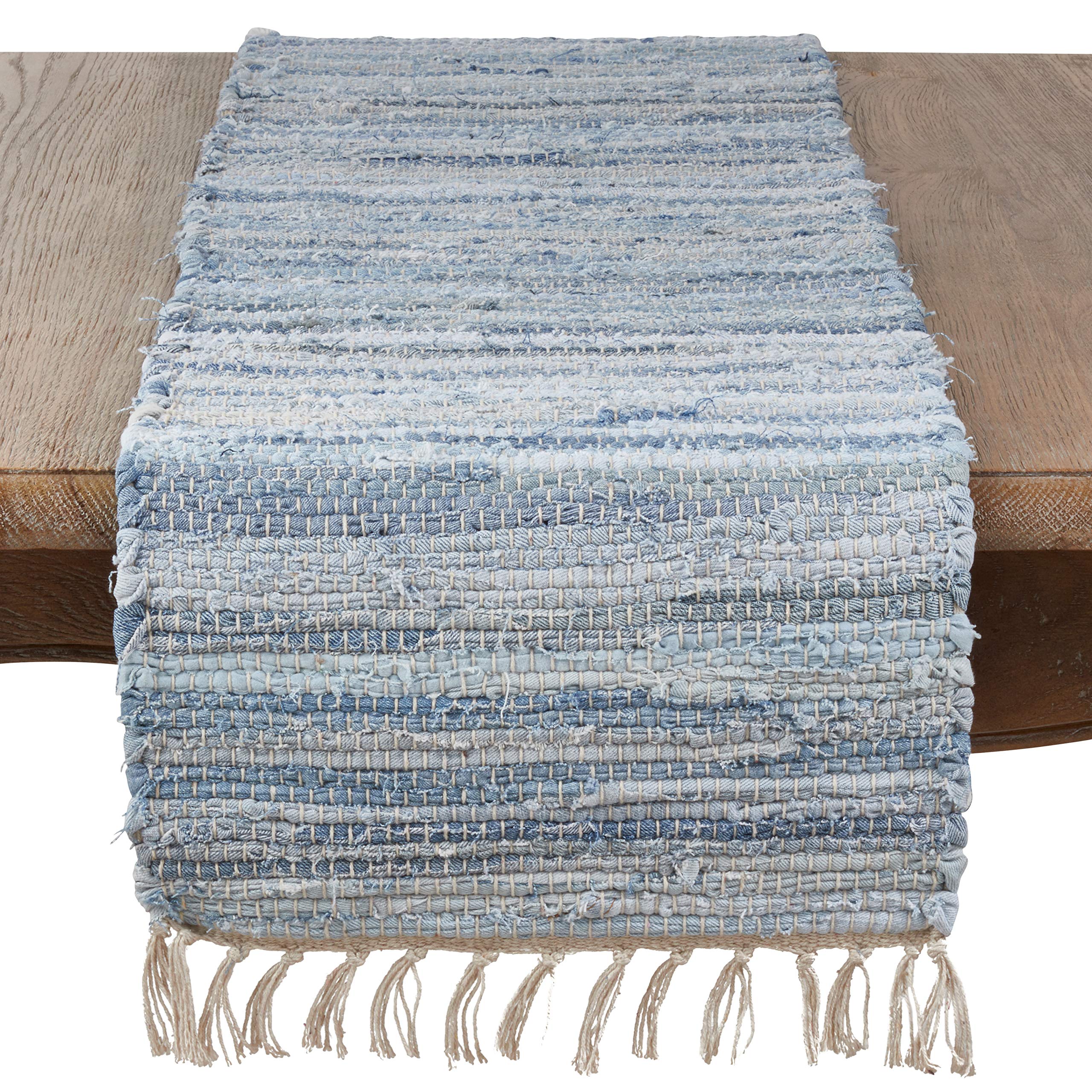 SARO LIFESTYLE Gênes Collection Chindi Woven Table Runner, 16" x 90", Denim