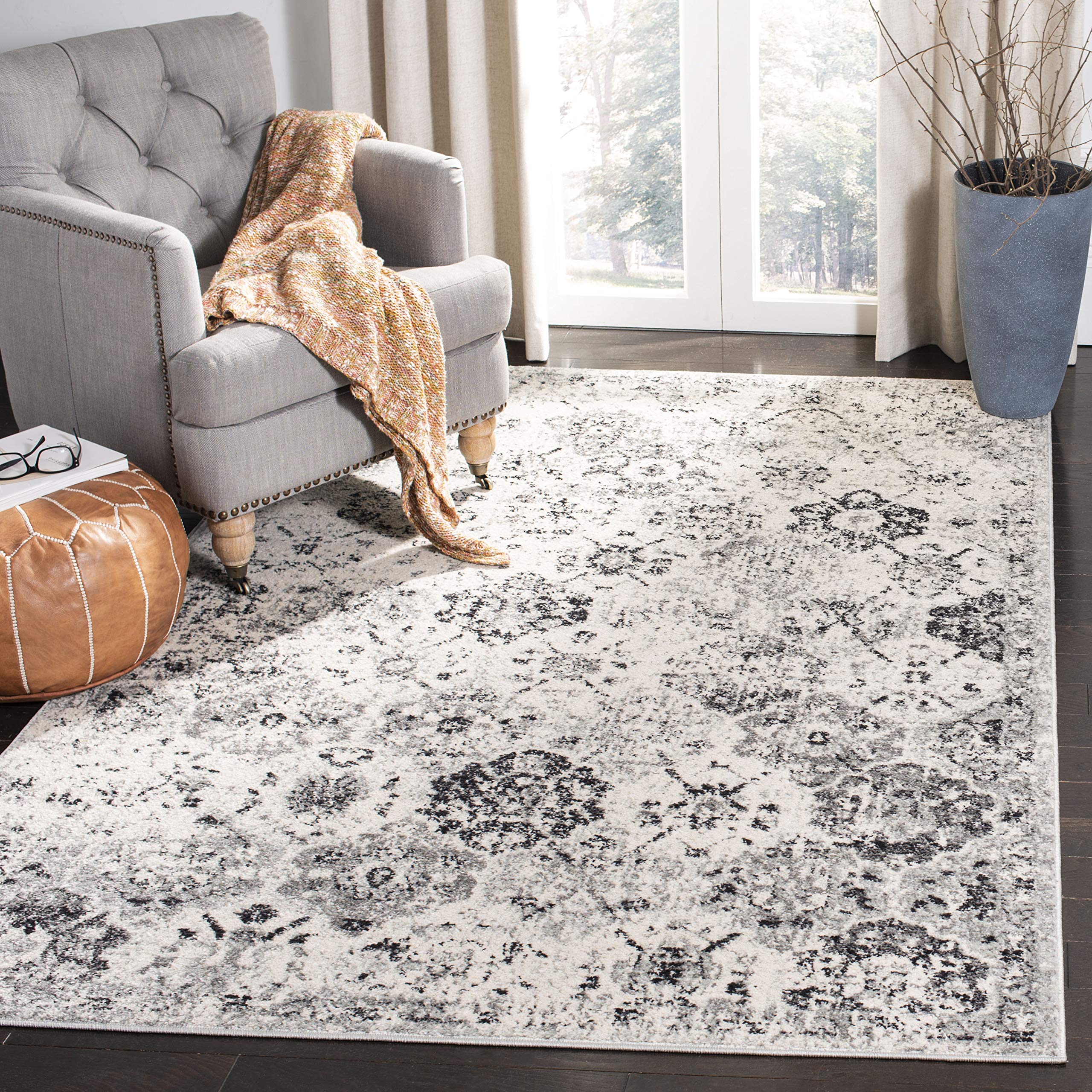 SAFAVIEH Madison Collection Area Rug - 8' Square, Silver & Grey, Boho Chic Distressed Design, Non-Shedding & Easy Care, Ideal for High Traffic Areas in Living Room, Bedroom (MAD611G) Image