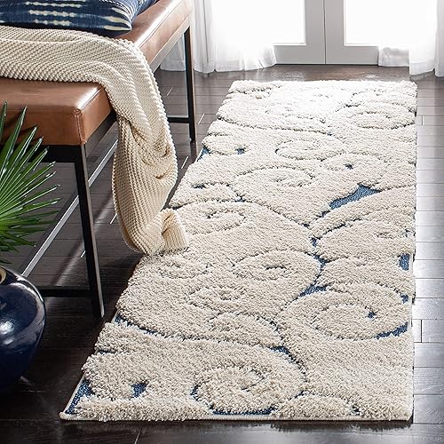 Safavieh Florida Shag Collection SG455 Scrolling Vine Graceful Swirl Textured 1.2-inch Thick Runner, 2'3" x 11' , Cream / Blue