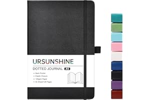 URSUNSHINE Dotted Journal/Notebook - Dot Grid Hard Cover Notebook, Premium Thick Paper with Fine Inner Pocket, Black Smooth Faux Leather, Pen Loop, 5.3''×8.26'' - Black