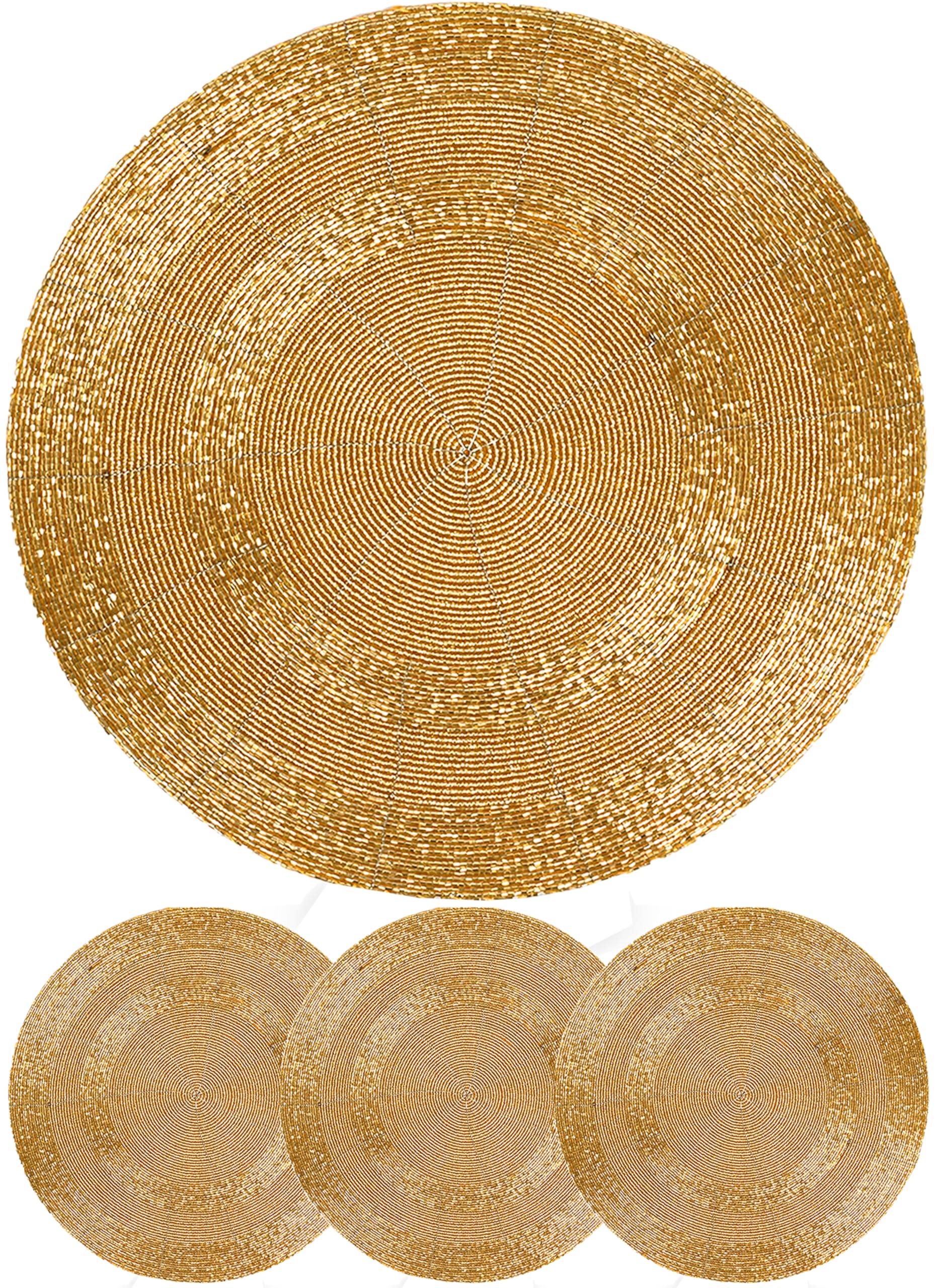 Photo 1 of 4 Pack Handmade Beaded Charger Placemats - Elegant Glass Beads & Polyester Round Table Mats for Dining, Kitchen, Wedding, Holiday & Party Deco (Gold) - CLEENTABLE