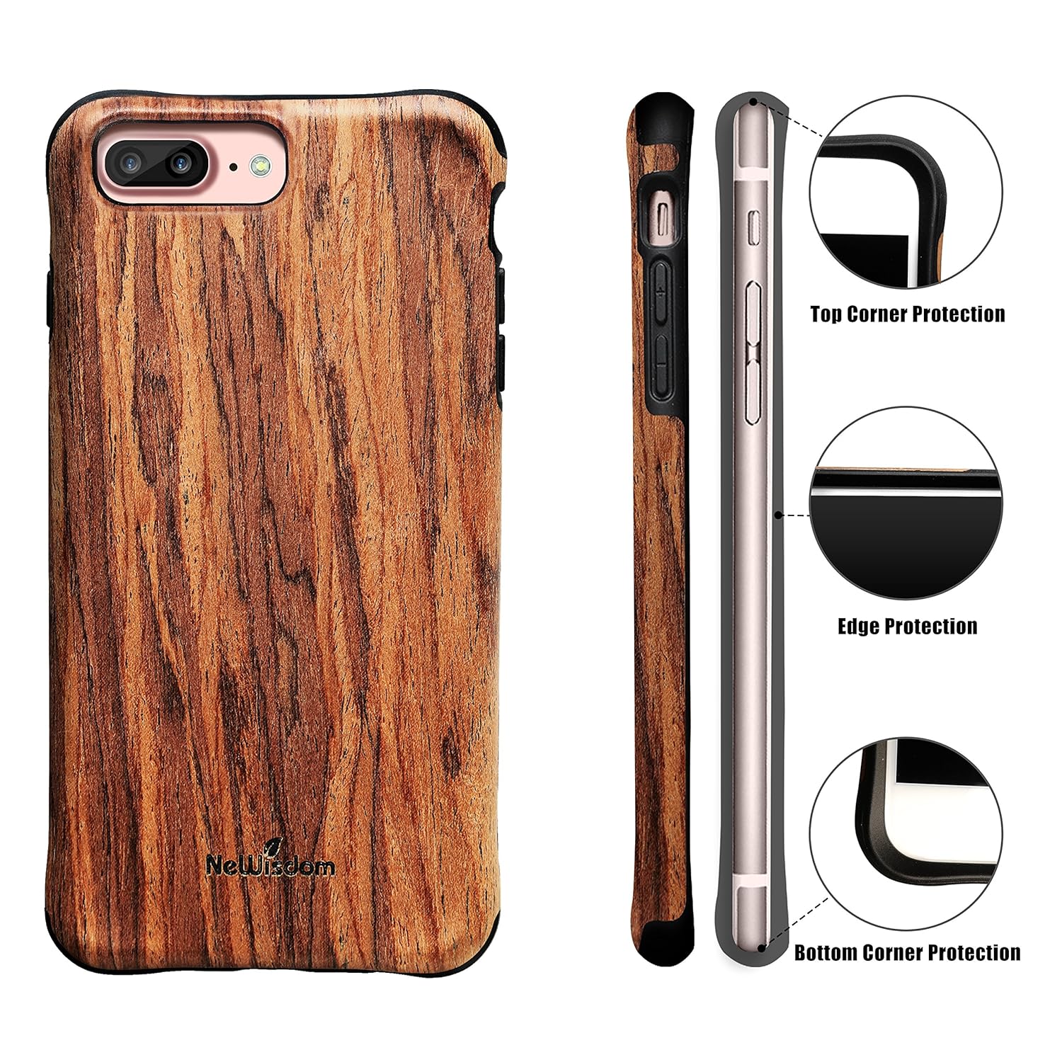 NeWisdom iPhone 8 Plus case Wood, iPhone 7 Plus Case Wood, Shockproof Unique Hybrid Rubberized Cover [ Wood Over Rubber] Soft Real Wood Case for Apple iPhone 8Plus iPhone 7Plus – Sandalwood - iPhone 8 Plus Case