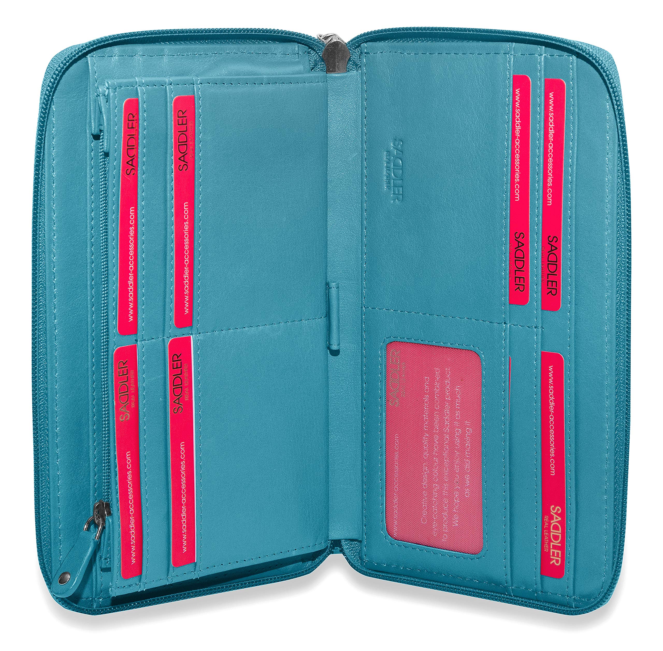 SADDLER Sophia Purse – RFID Protected Real Leather Large Zip-Around Wallet with 15 Card Slots, ID Window, Wrist Strap & Multi-Section Interior – Fits Most Phones – Gift-Boxed
