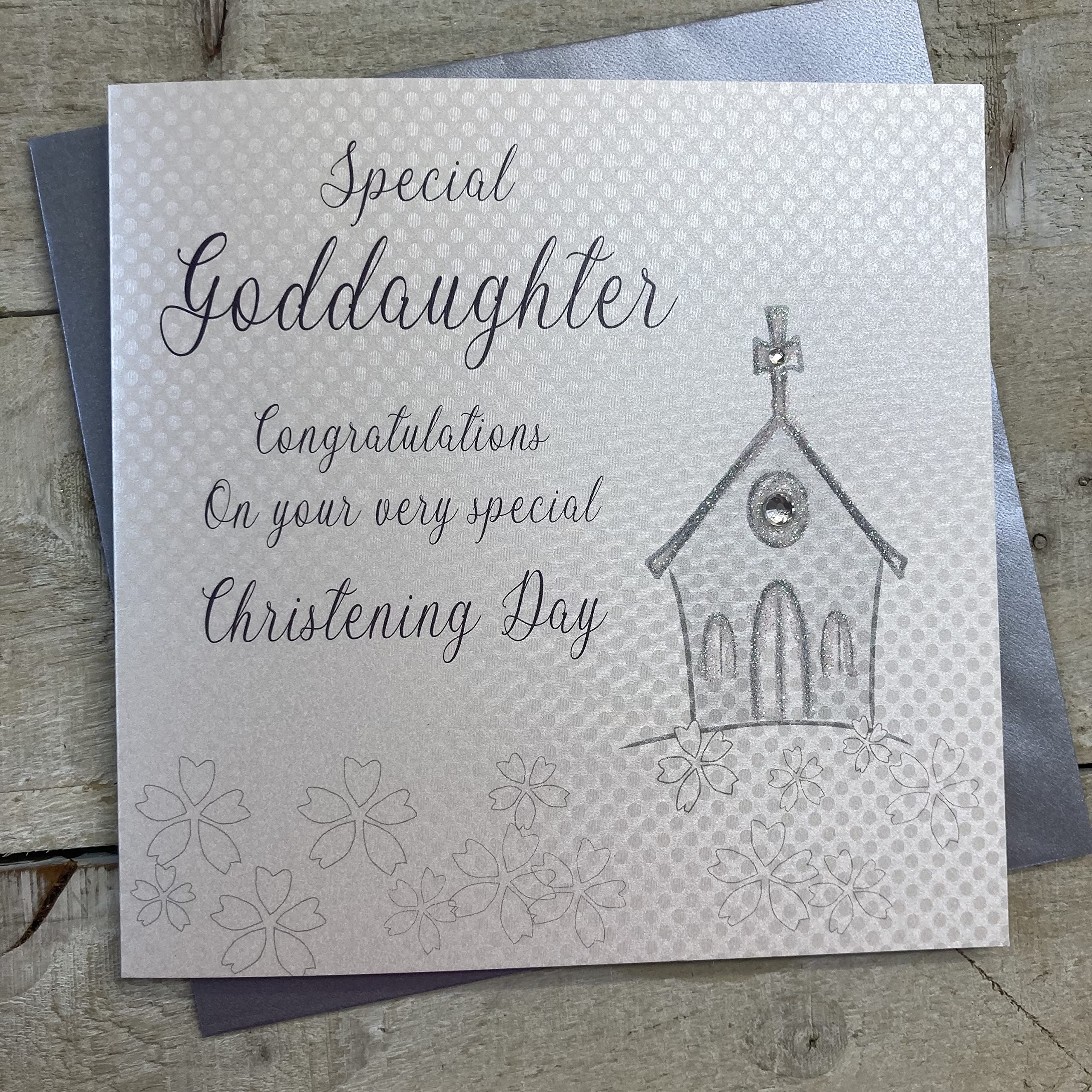 white cotton cards "Silver Church, Christening Day Goddaughter Congratulations Handmade Christening Card, White, WB46C-GOD/D