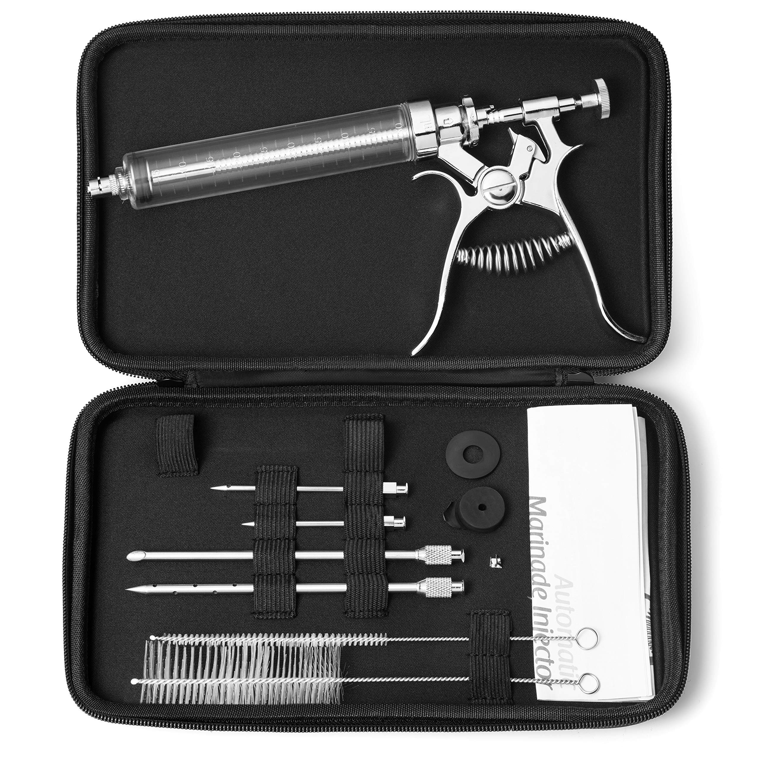 J&amp;B Goods Professional Automatic BBQ Meat Marinade Injector Gun Kit with Case, 2 oz Large Capacity Barrel and 4 Commercial Grade Marinade Needles.