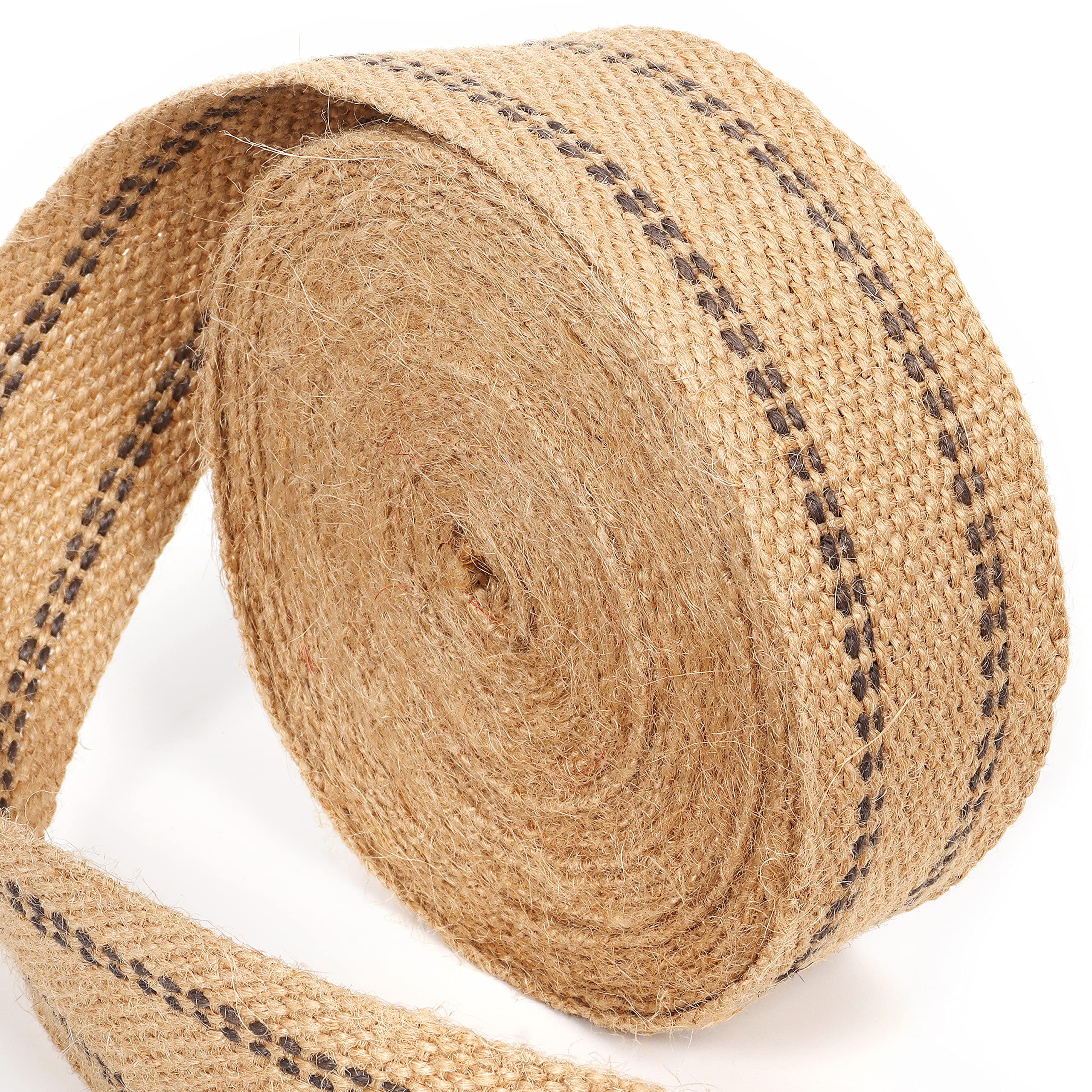 ZAIONE 5cm / 2" Width 10 Meters Roll Natural Burlap Black Line Jute Webbing Ribbon Linen Craft Upholstery Tape for Outdoor DIY Gear Repair (Black Stripes) — image 1