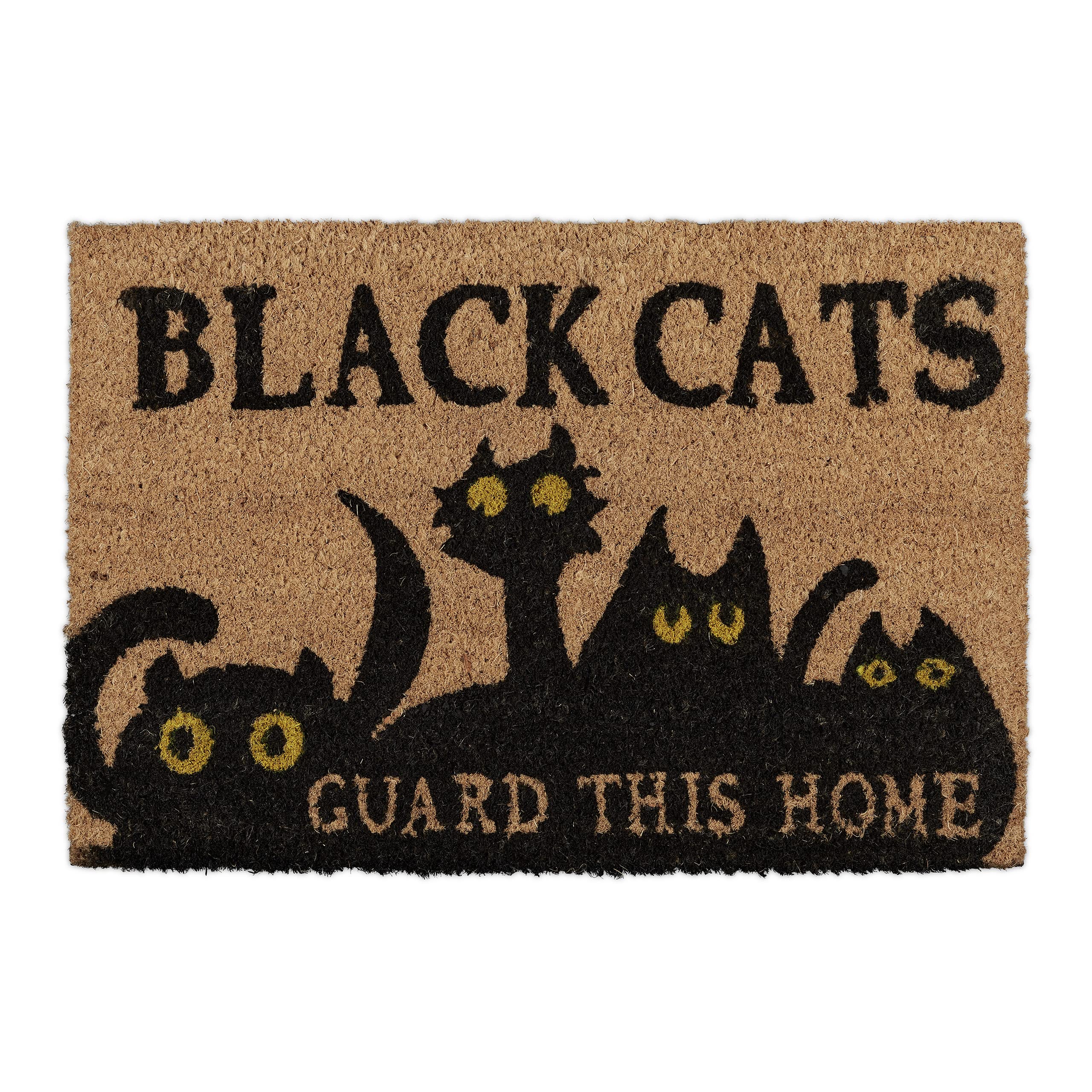 Relaxdays Black Cats Guard This Home Coir Doormat, 40 x 60 cm, Door Mat Inside & Outside, Non-Slip, Natural Coir/Black