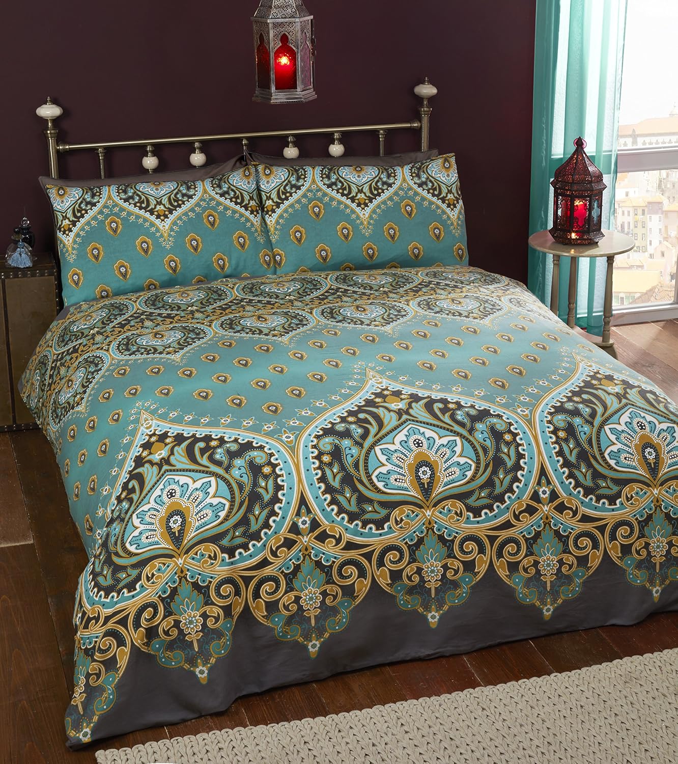 Rapport Home Asha Green Mandala Duvet Cover Set, King Polycotton Bedding with Matching Pillowcase & Popper Closure
