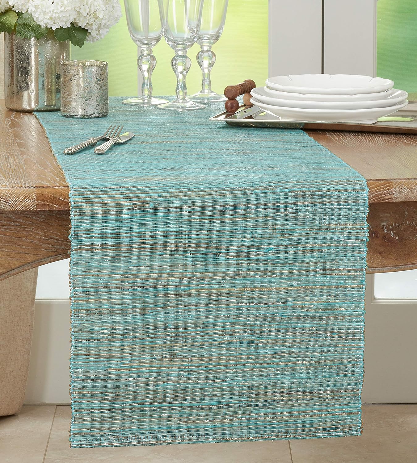 SARO LIFESTYLE Melaya Collection Shimmering Woven Nubby Water Hyacinth Table Runner, 14" x 90", Turquoise: Kitchen & Dining