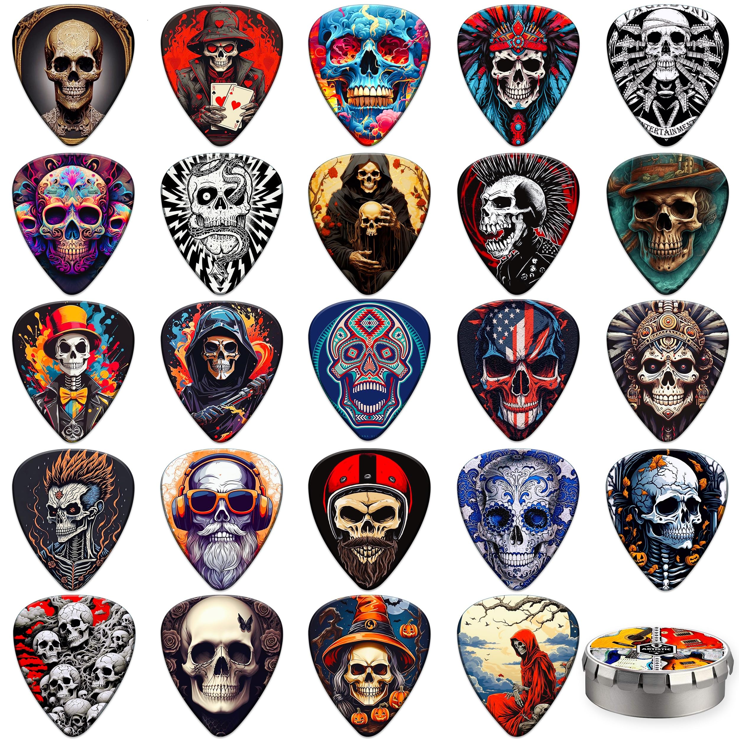 Guitar Picks,24 Pcs Plectrums Skull Design 0.46 0.71 0.96 1.2mm Thin, Medium, Heavy Guitar Pick,Plectrums for Acoustic Guitars,Bass,Electric Guitars(Mix-6)