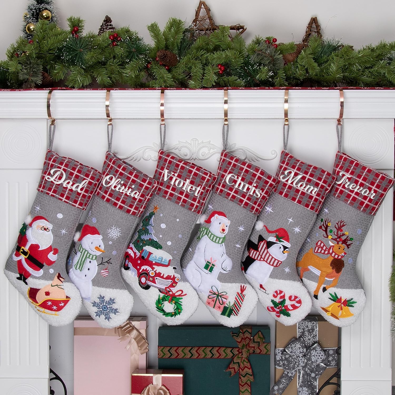 Stockings & Holders - BHD BEAUTY 2023 New Personalized Christmas Stocking Gray Plaid Non-Woven Fleece Fabric Lovely Embroidery Pattern for Family Decorations Hanging Ornament for Xmas Holiday Party