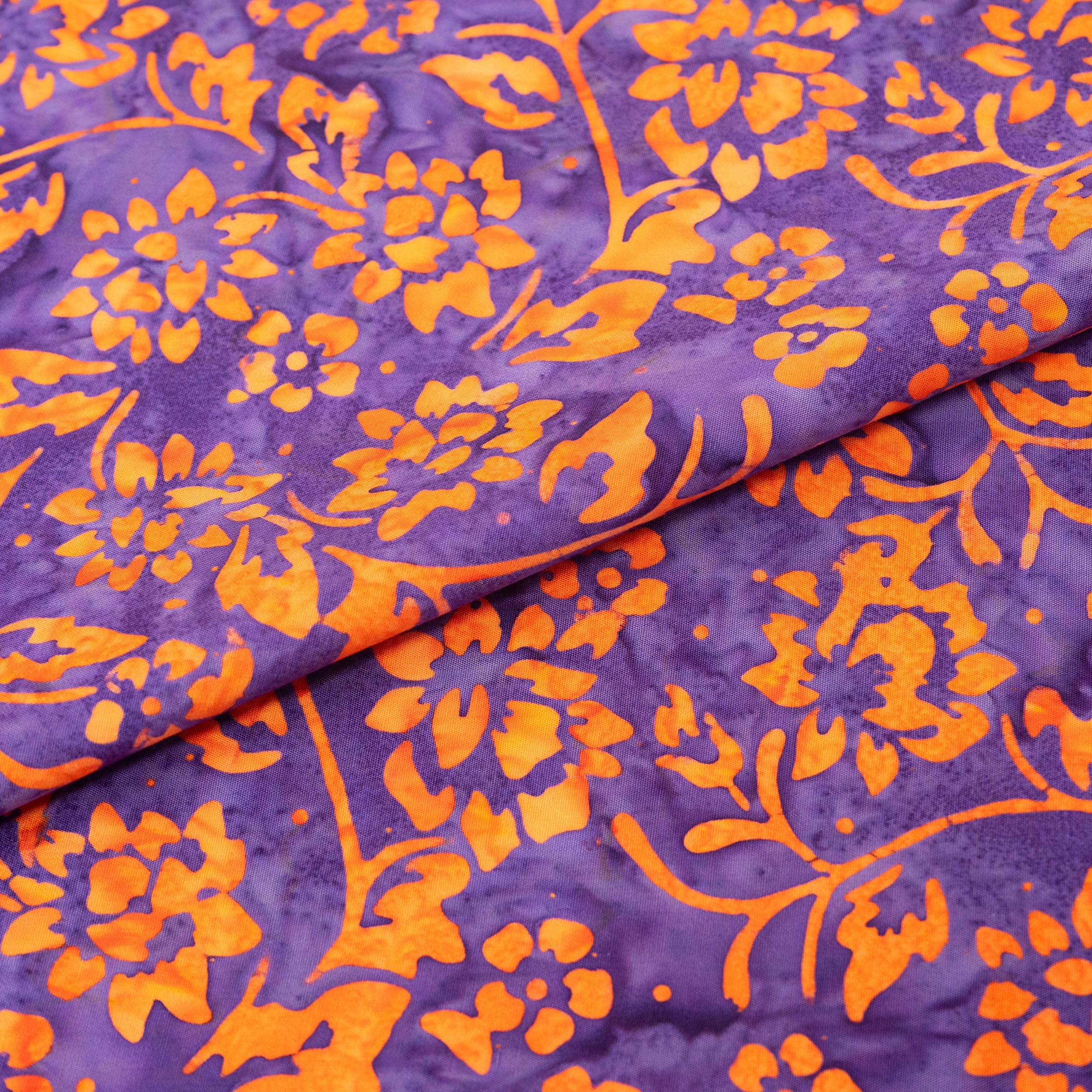 Stitch & Sparkle Indonesian Premium Batik Cotton Orange Flowers on Purple