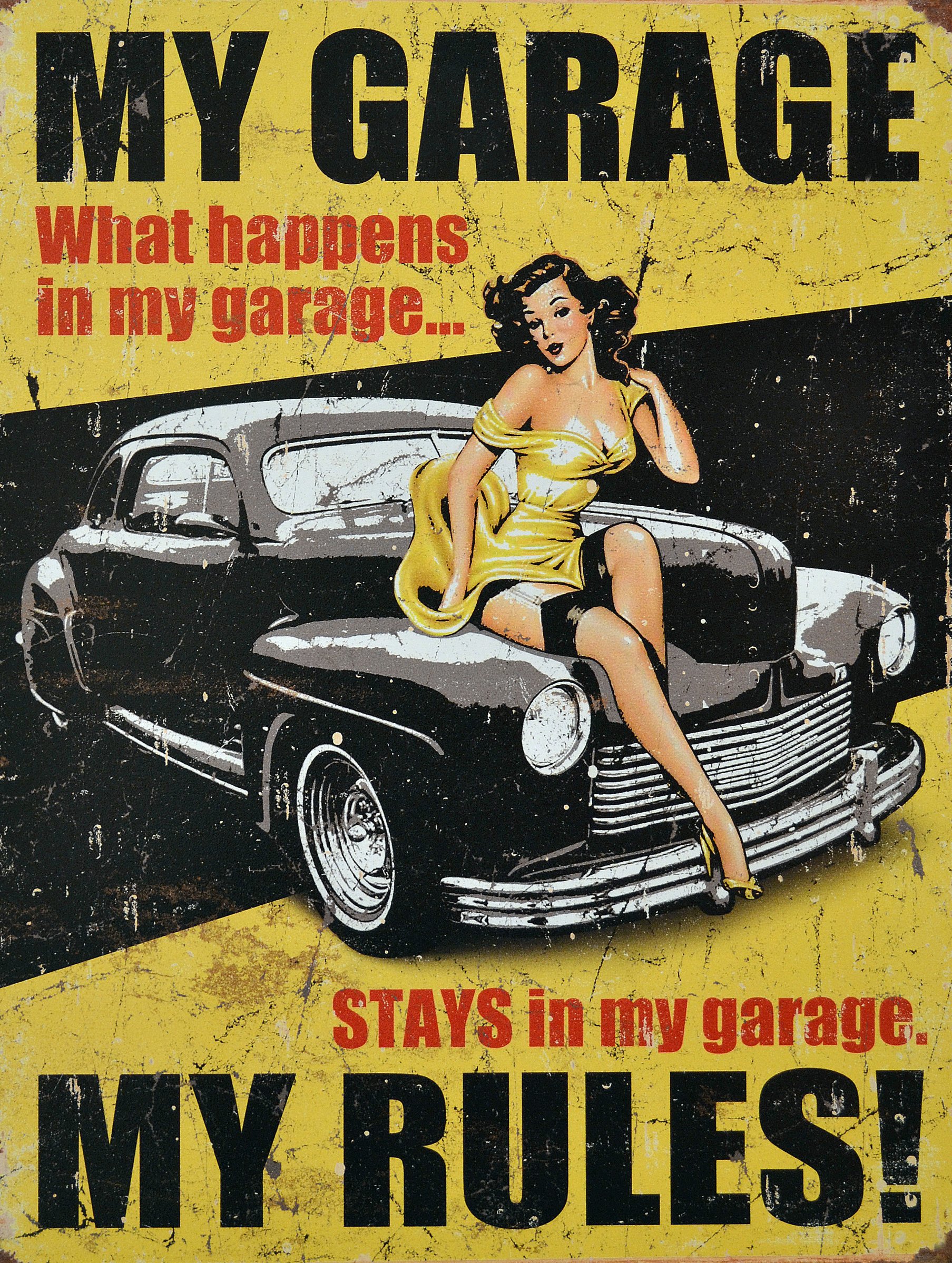 Shawprint My Garage WHAT HAPPENS IN THE GARAGE STAYS IN THE GARAGE RETRO METAL TIN WALL PLAQUE SIGN NOVELTY GIFT Home bar shed man cave