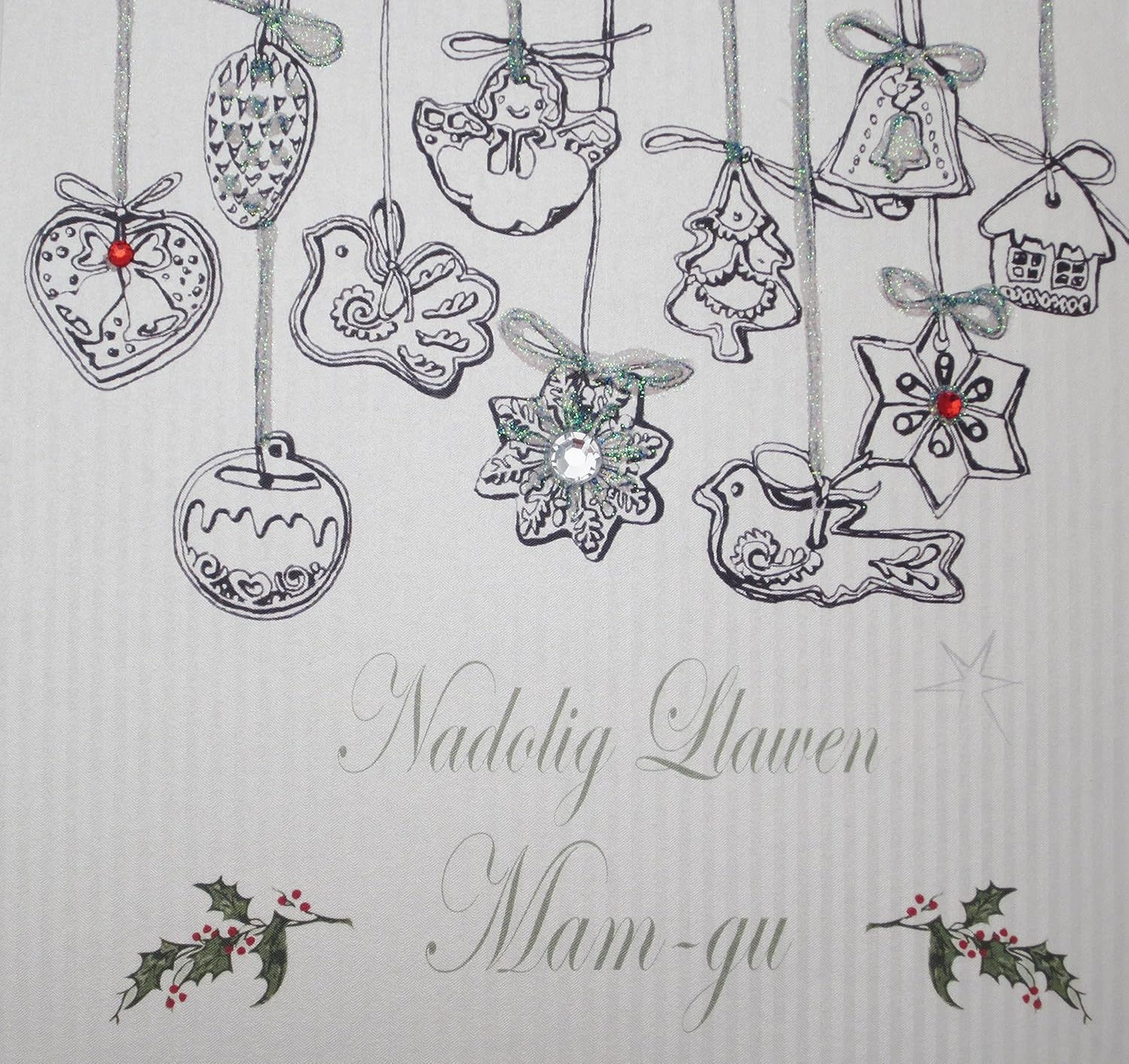 WHITE COTTON CARDS Nagolig Llawen Mam-gu, Handmade Welsh Christmas Card (Code EX76-MG)