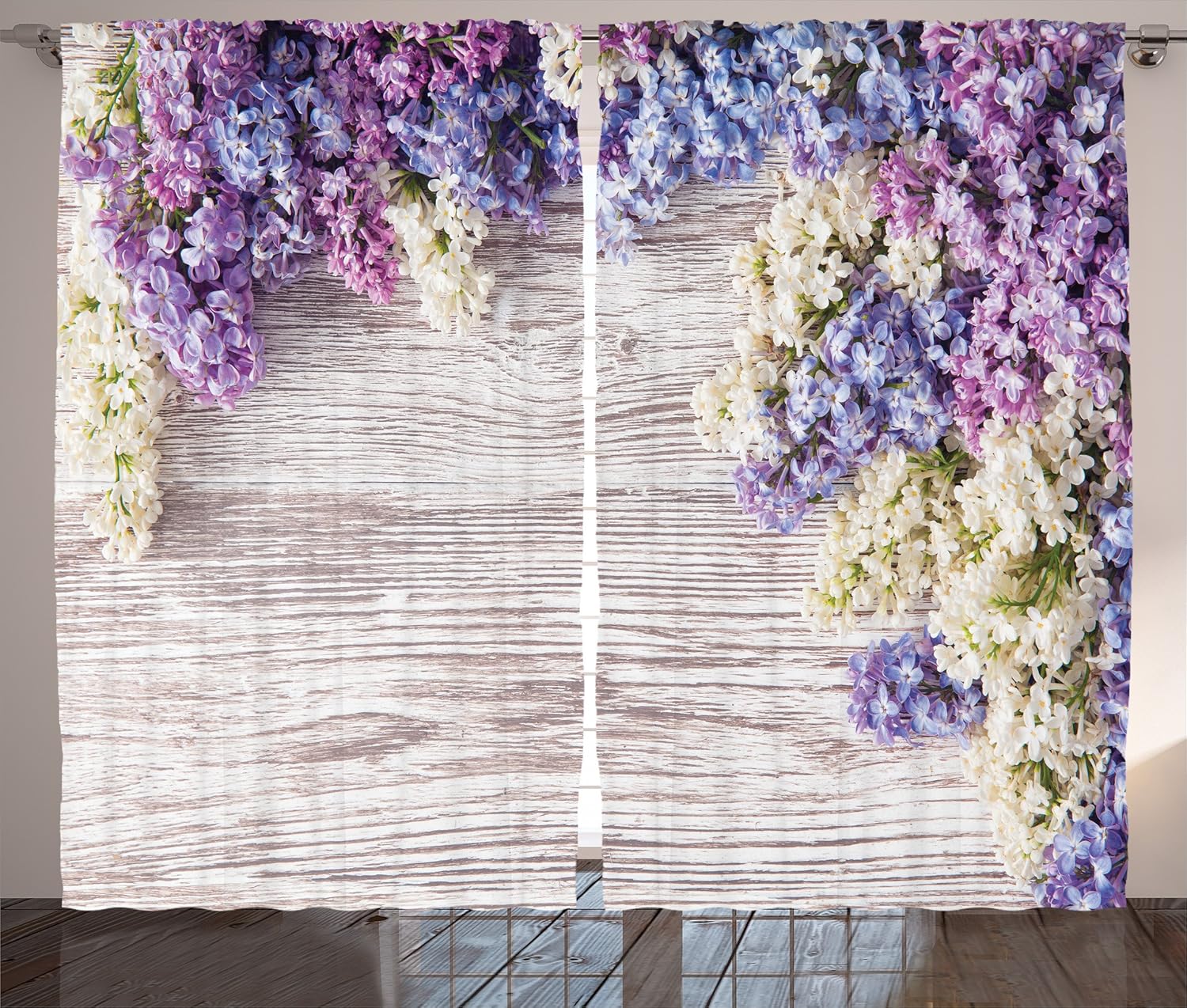 Ambesonne Rustic Curtains, Lilac Flowers Bouquet on Wood Table Spring Nature Romance Love Theme, Living Room Bedroom Window Drapes 2 Panel Set, 108