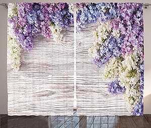 Ambesonne Rustic Curtains, Lilac Flowers Bouquet on Wood Table Spring Nature Romance Love Theme, Living Room Bedroom Window Drapes 2 Panel Set, 108