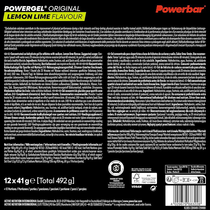 - PowerGel Original - Lemon Lime - 12x41g - Gel energetico ad alto contenuto di carboidrati - Sodio - Senza caffeina