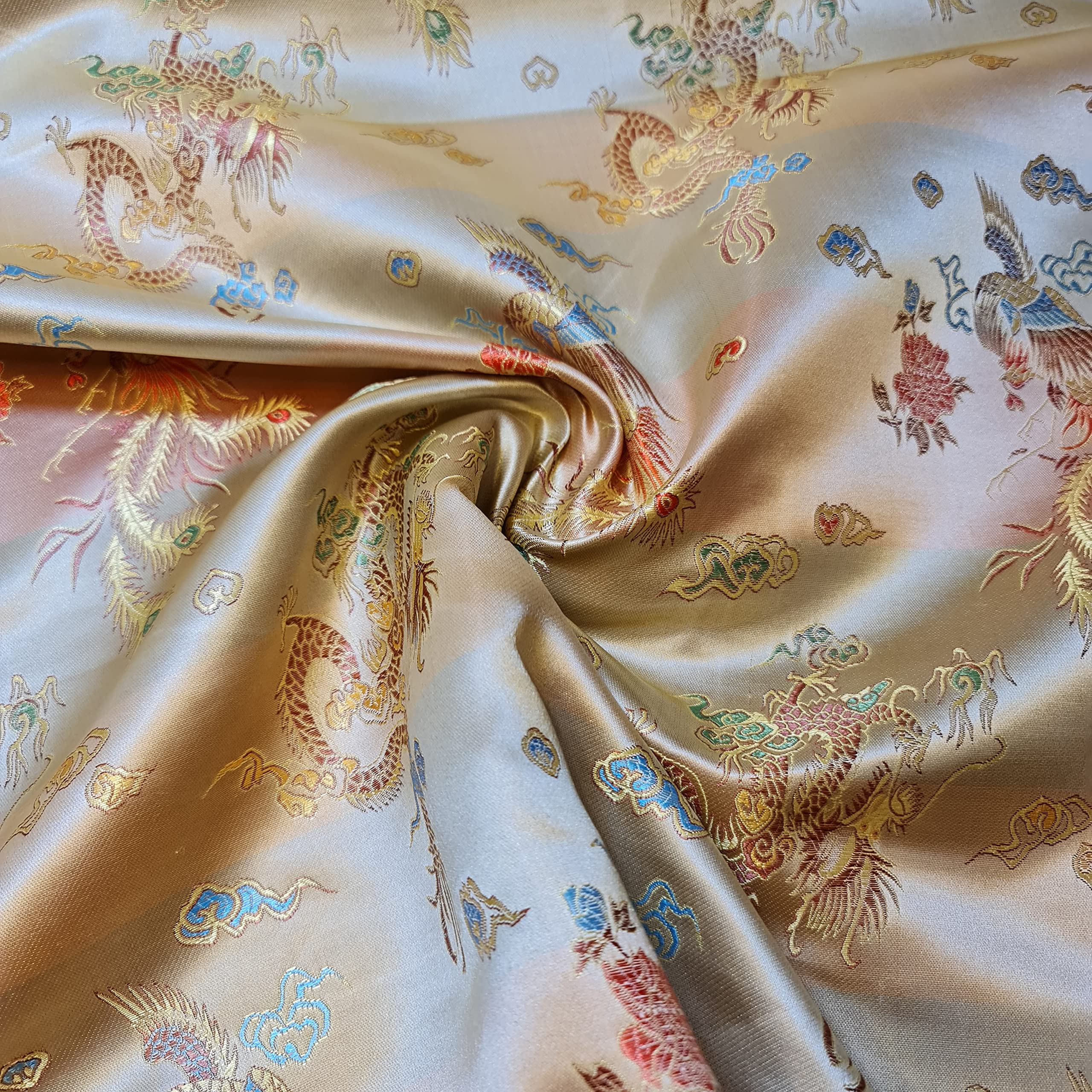 Oriental Chinese Embroidery Brocade Poly Silk Satin Oriental Dragon Fabric 36" (Golden, 1 Meter) — image 1