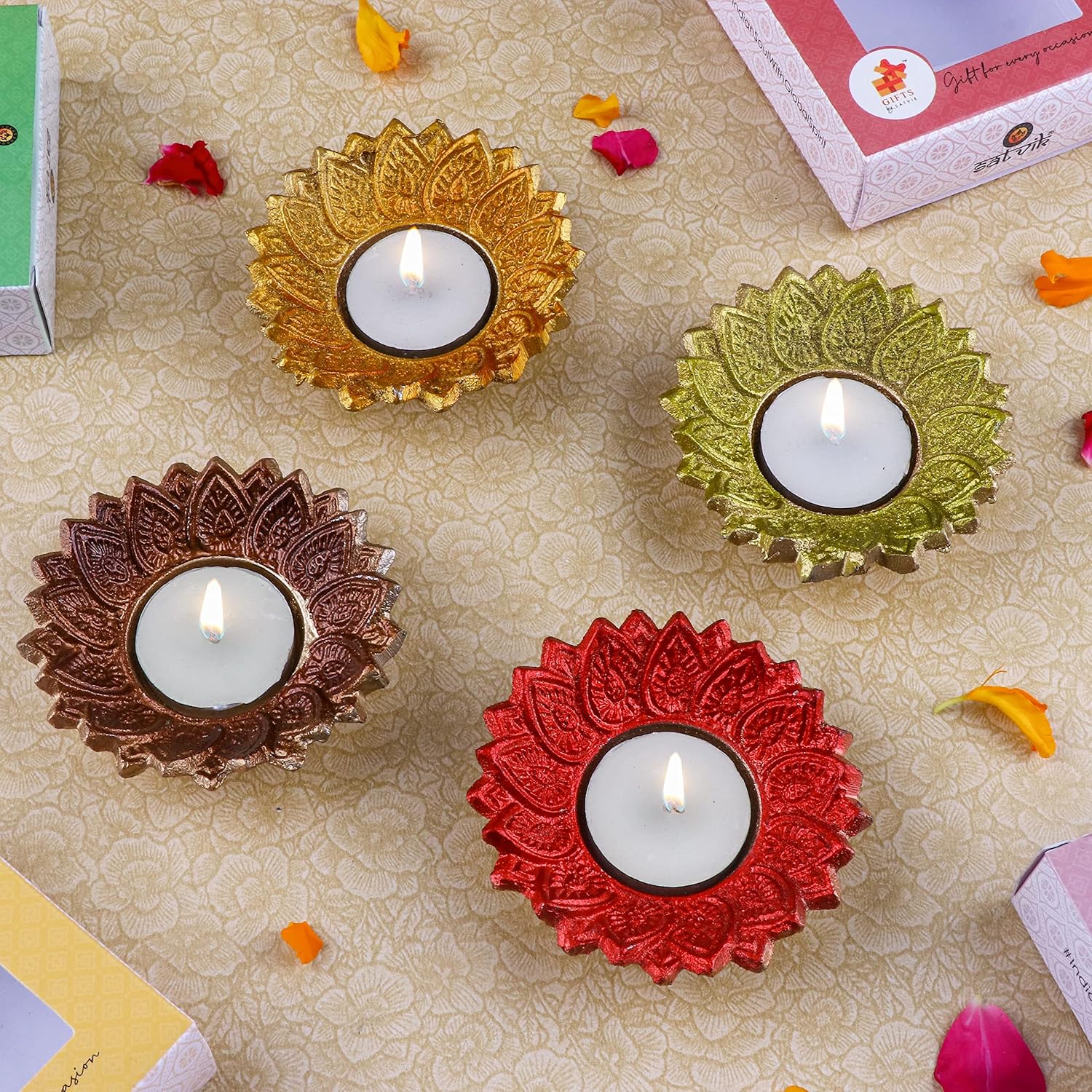 Oil Lamps & Accessories - SATVIK 4 Pc Multicolor Chandrarupa Diya Floral Lotus Flower Shape Candle Tea Light Holder Oil Lamp Diwali Indian Indoor Home Mandir Pujan Pooja Office Temple Decor Dia Housewarming Return Gift Items