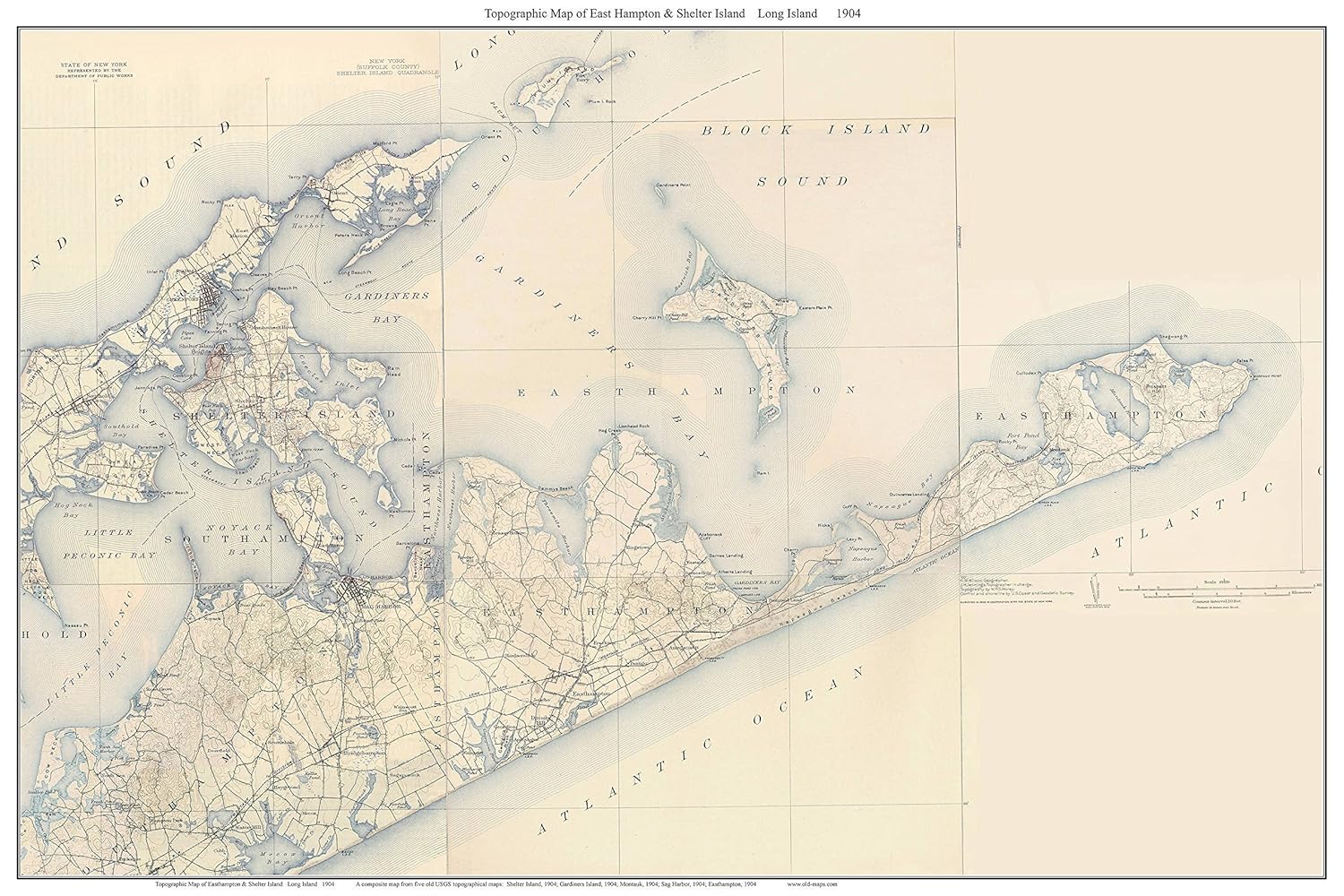 East Hampton & Shelter Island 1904 Map USGS Topo Long