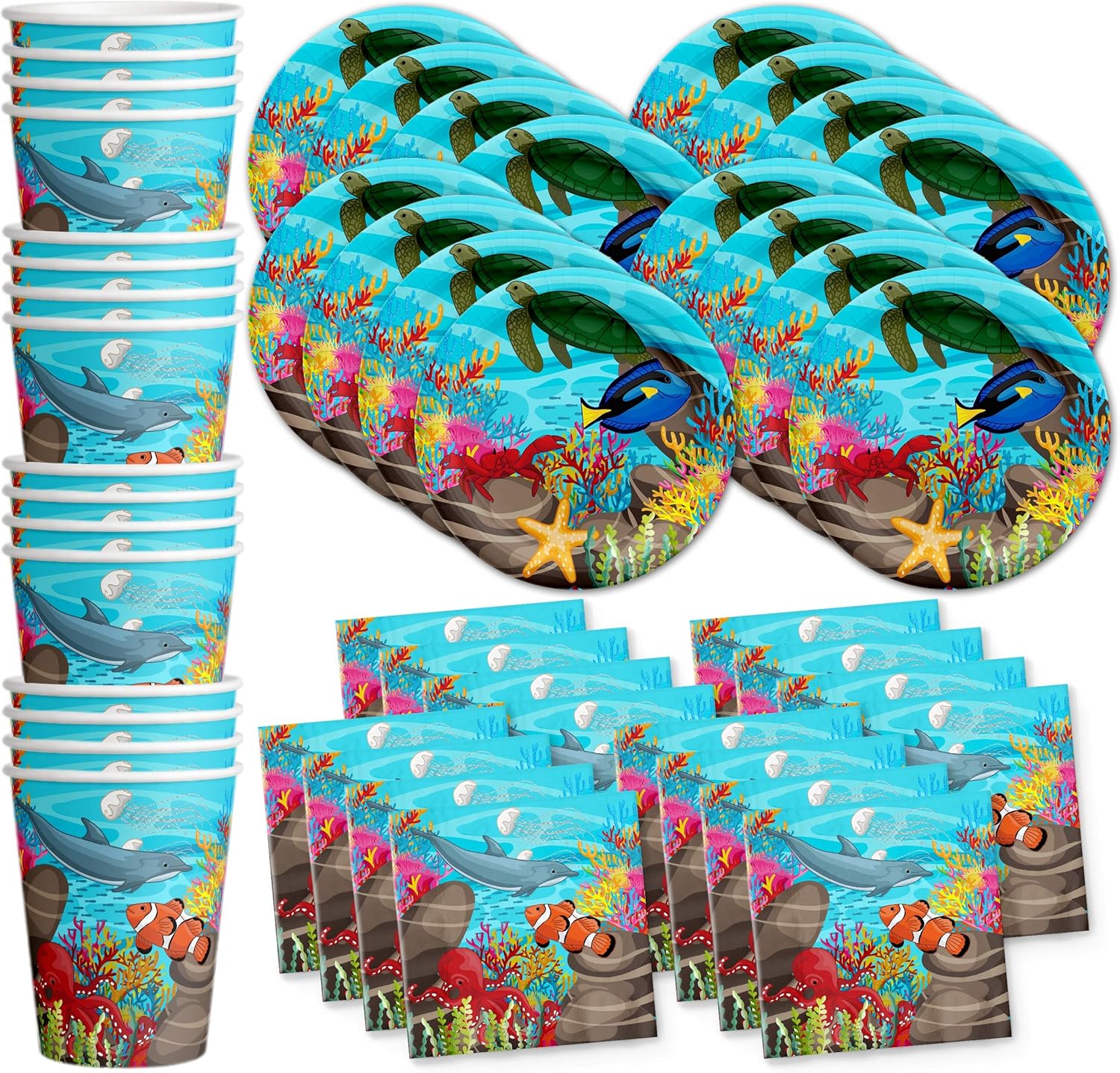 Ocean Sea Life Birthday Party Supplies Set Plates Napkins Cups Tableware Kit for 16